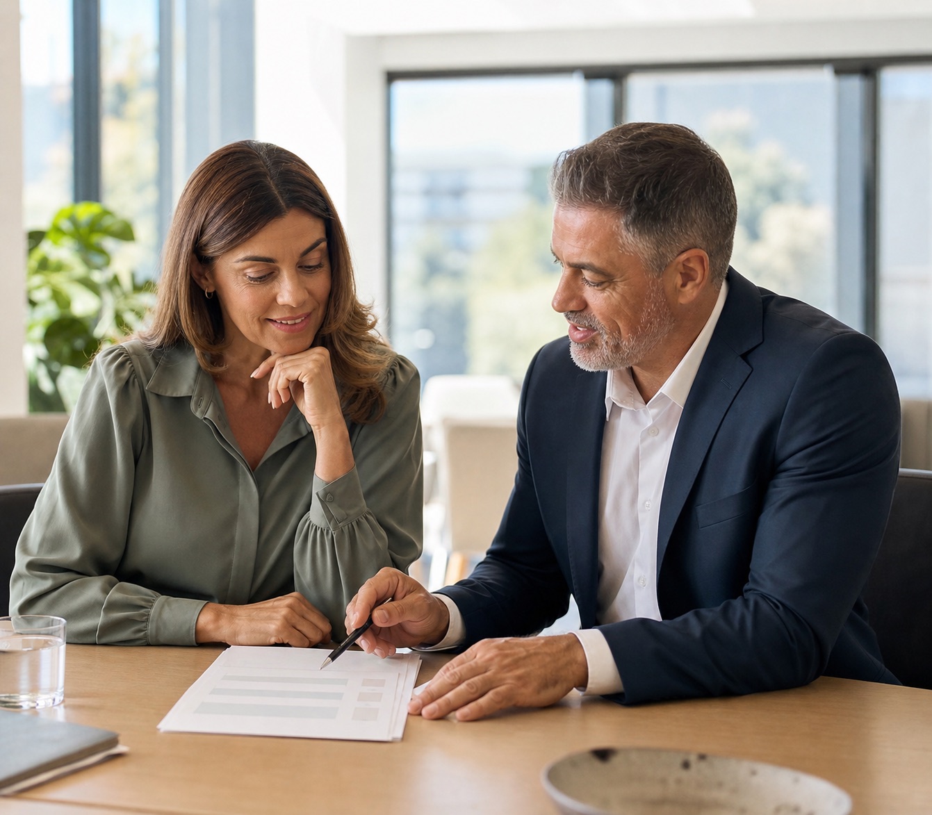 Adviser and professional agreeing on a clear application action plan.