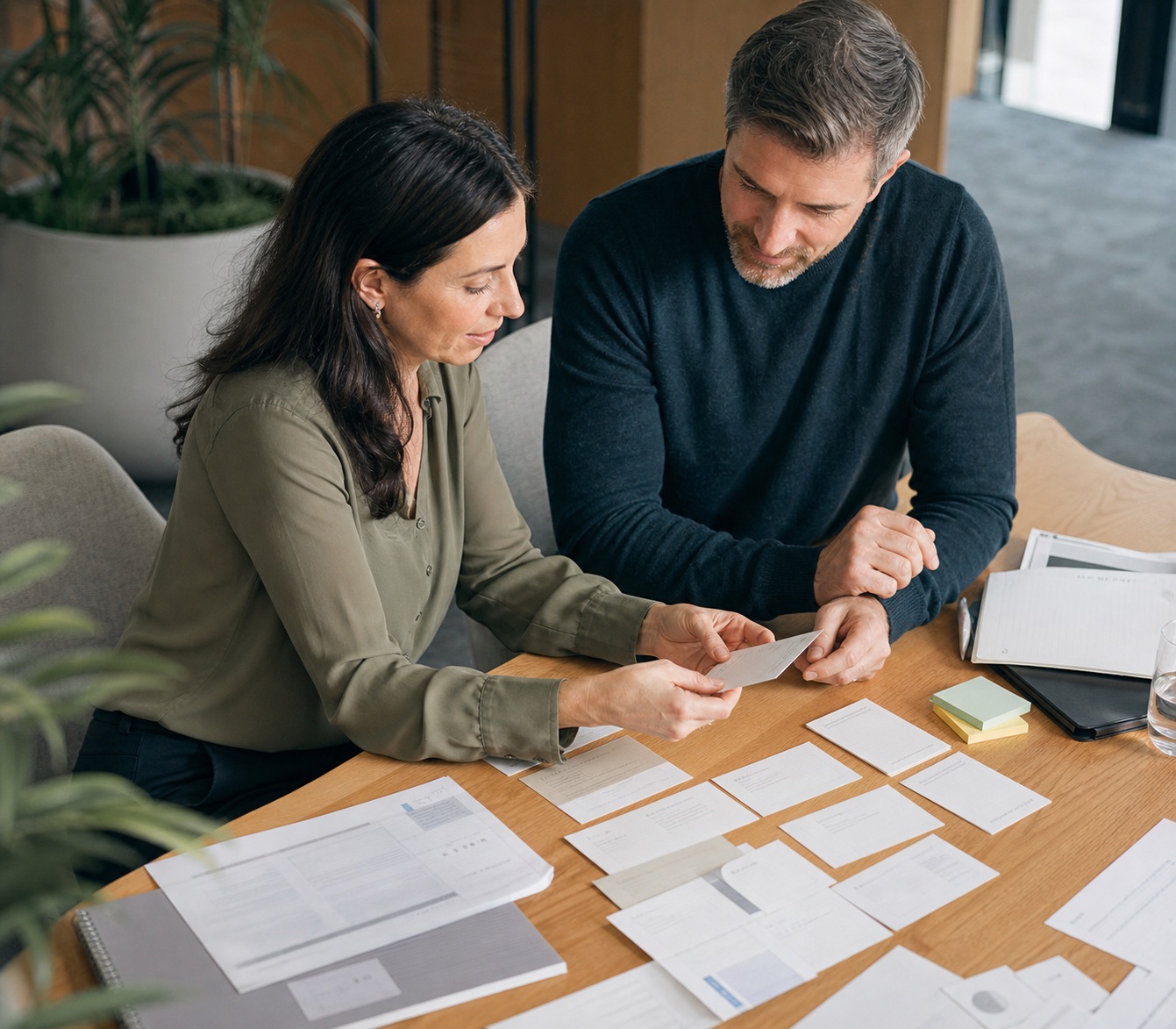 Professional and adviser sorting evidence notes before refining an application.