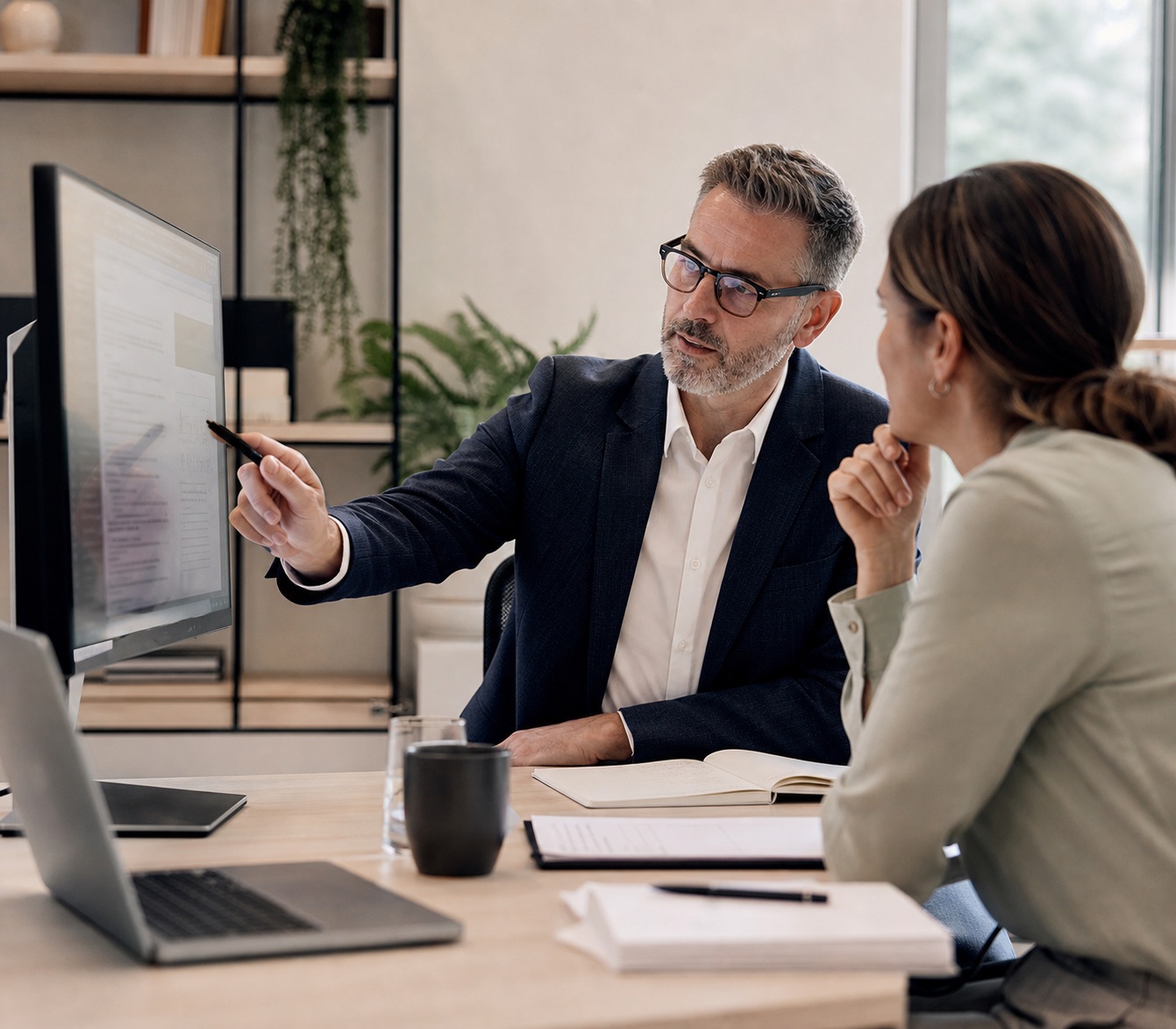 Adviser reviewing an APS application with a professional on a large screen.