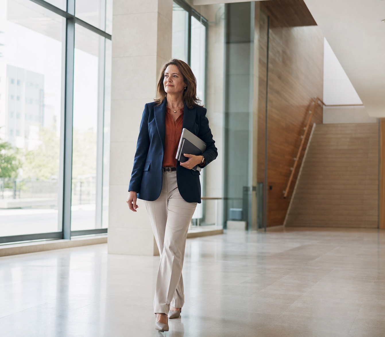 Confident Australian professional carrying a folder and laptop through a contemporary civic workplace.