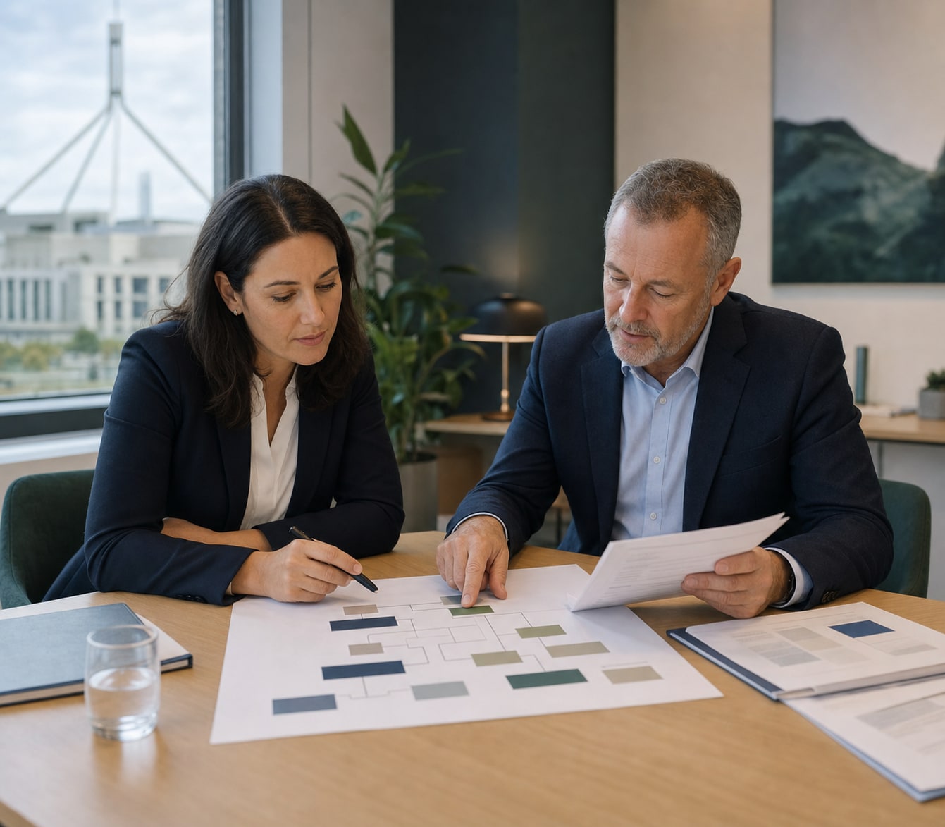 Two public-sector professionals comparing role levels and responsibilities in a contemporary Australian office.