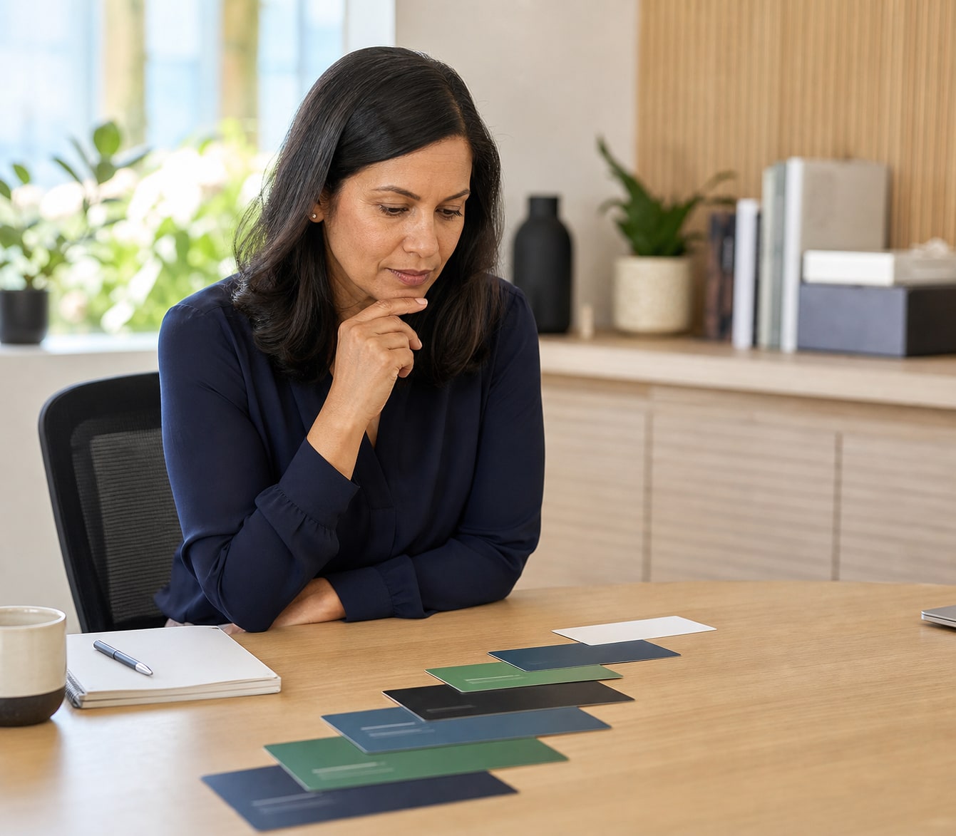 Public-sector professional considering a stepped set of role-level cards at a desk.