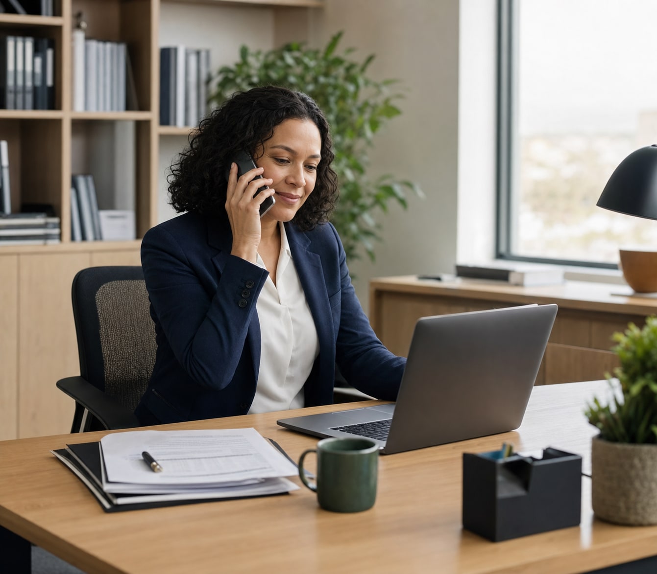 Public-sector candidate receiving a recruitment update by phone in a contemporary Australian office.