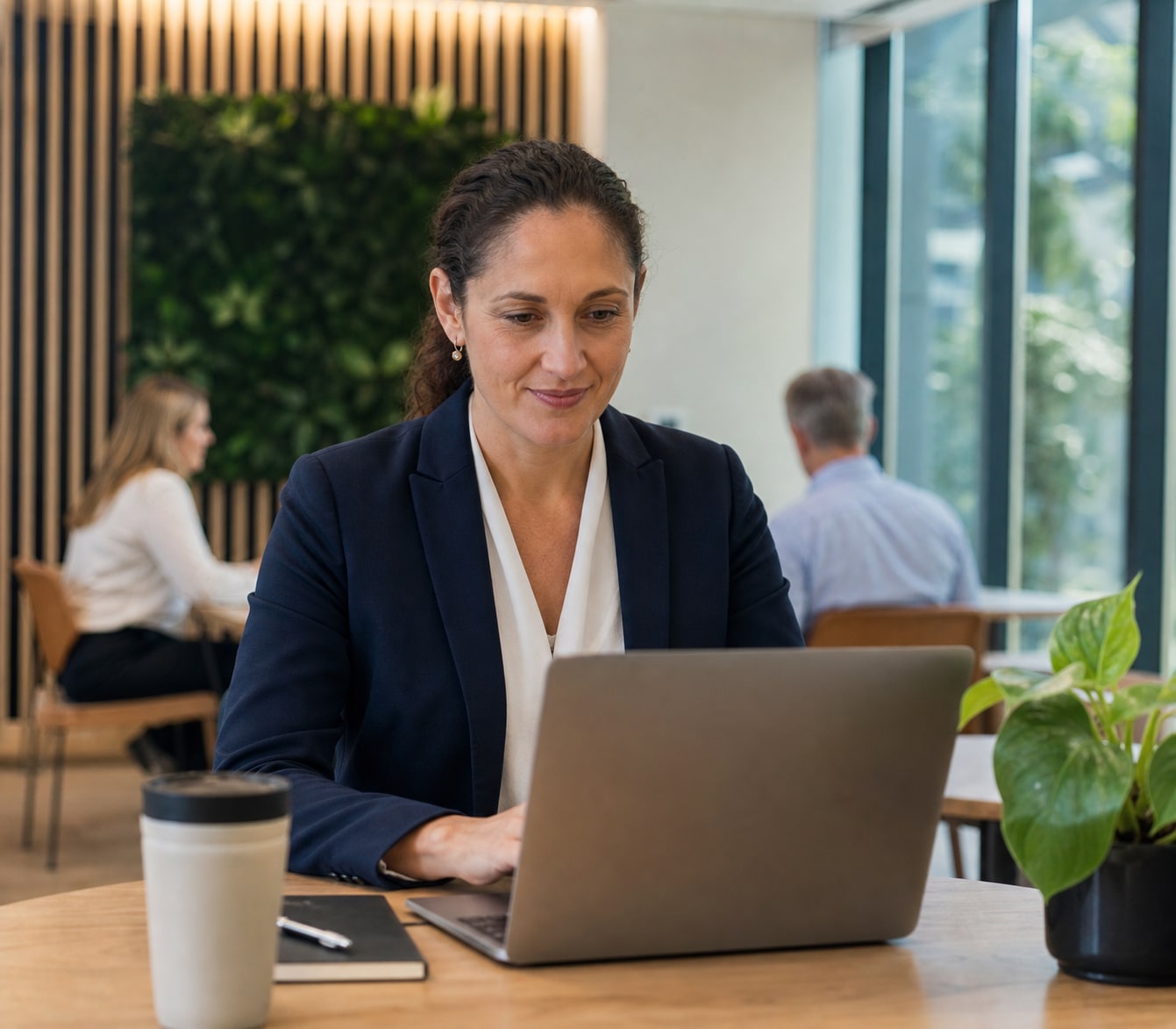 Public-sector candidate calmly checking a recruitment update on a laptop.