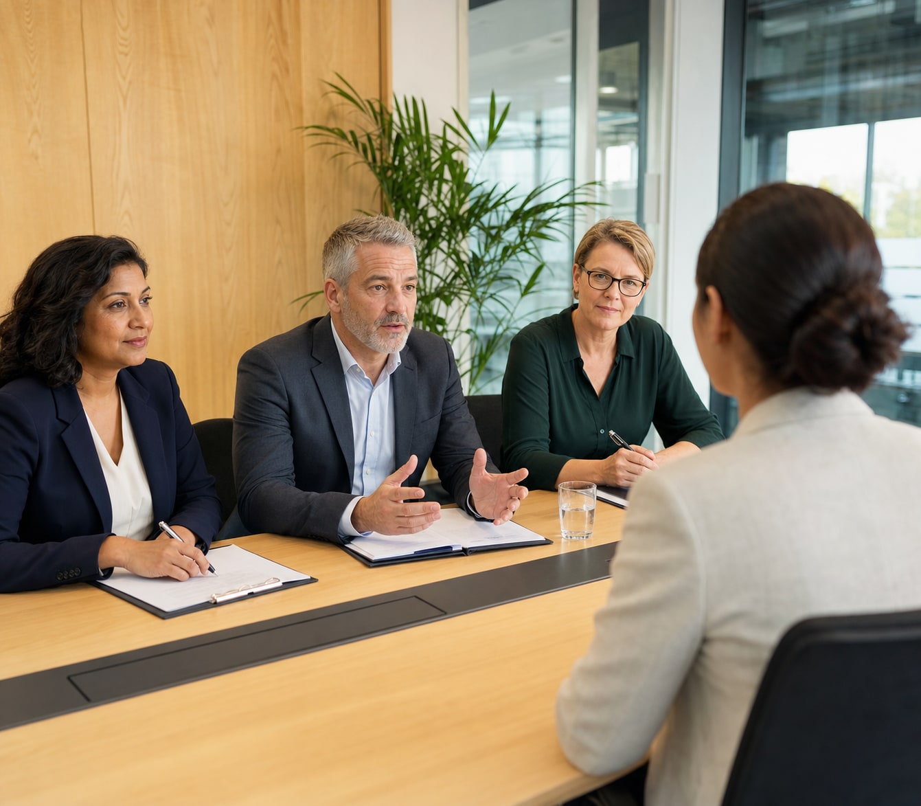 Australian public-sector interview panel speaking with a candidate in a modern meeting room.