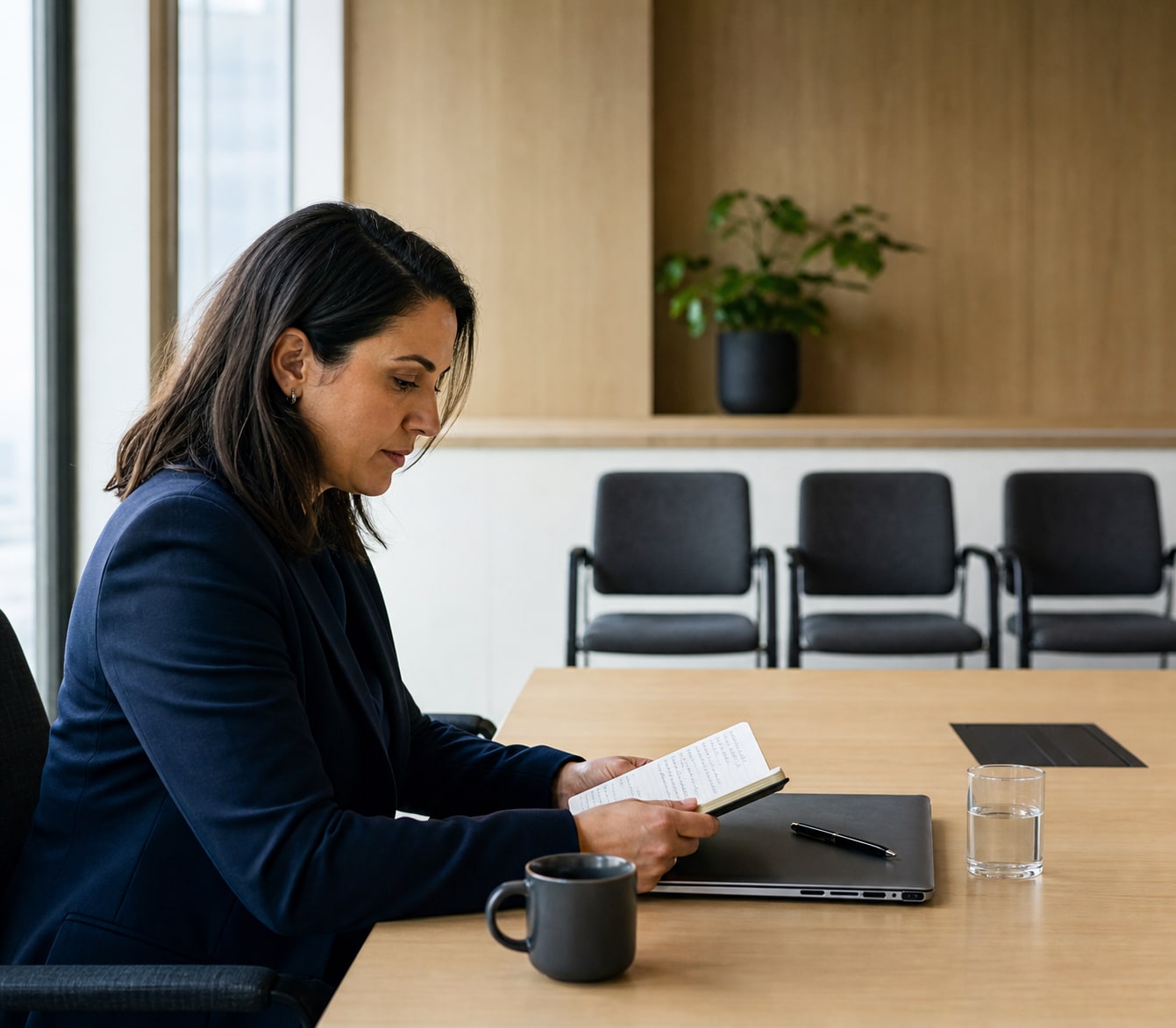 Candidate reviewing notes before an interview in a quiet meeting room.