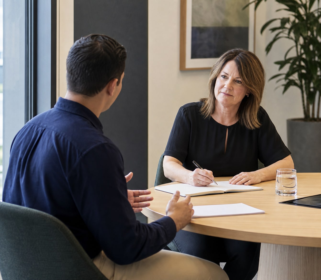 Candidate practising a behavioural interview answer with a career coach.