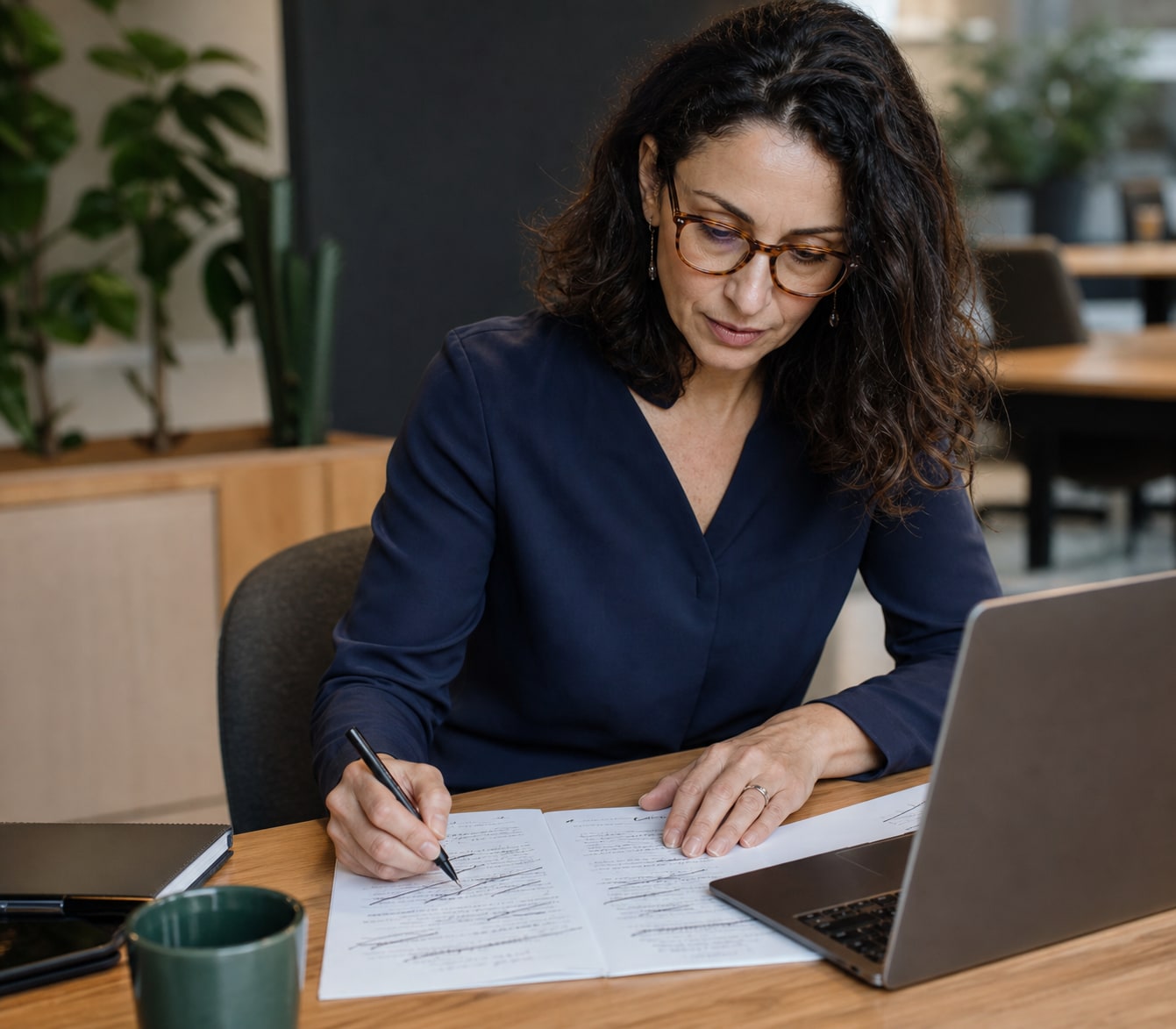 Public-sector professional editing a concise application pitch beside a laptop.