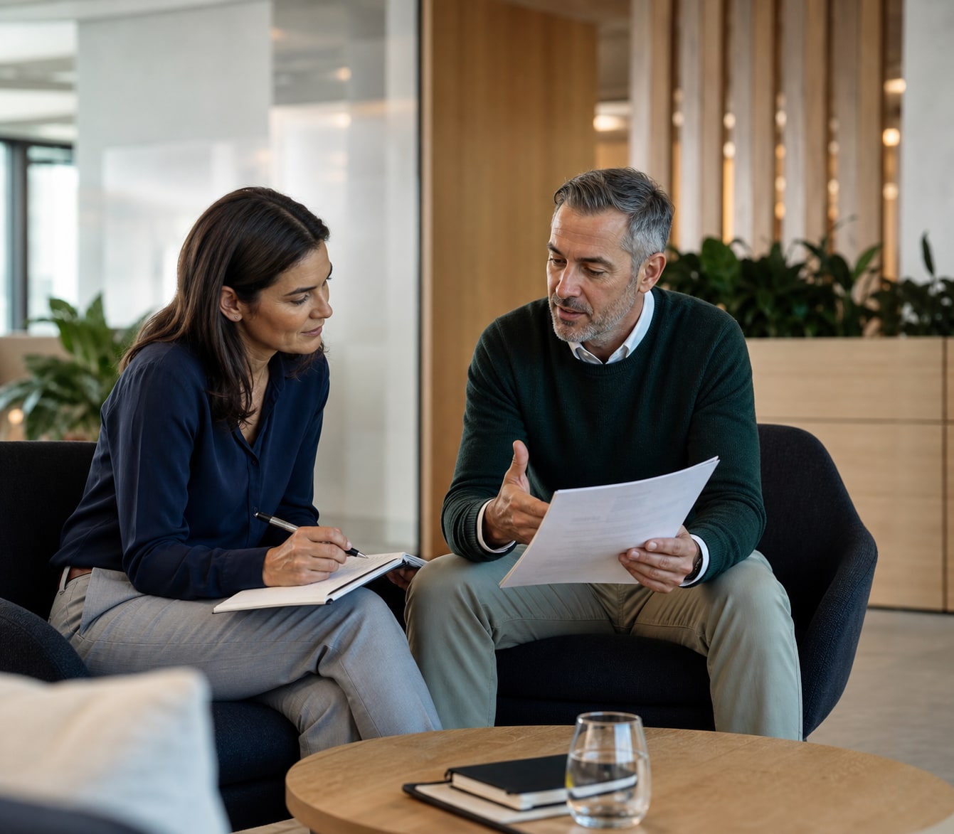 Public-sector applicant preparing a referee with a former manager in a contemporary office.
