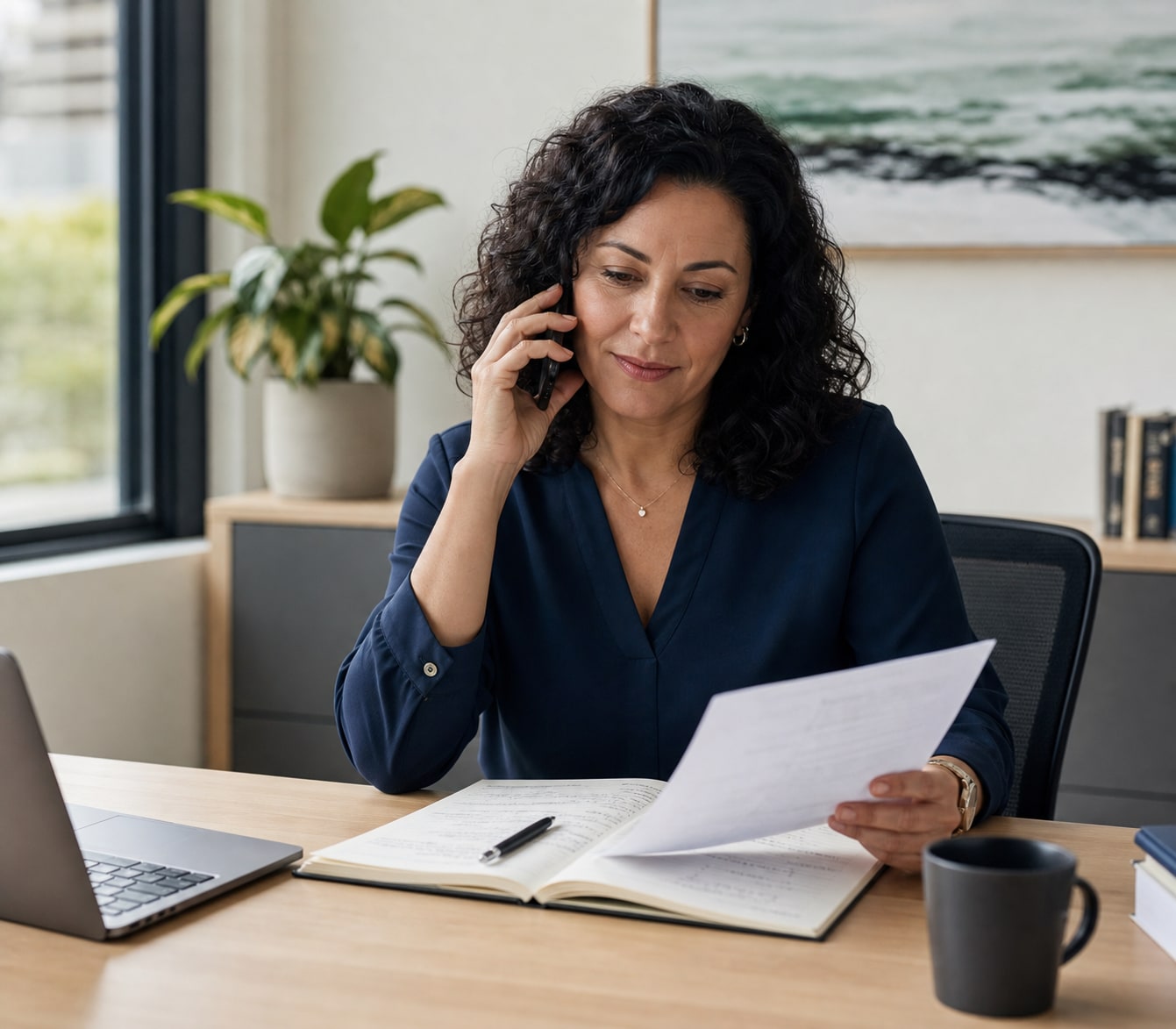 Public-sector applicant discussing a role brief by phone with a former manager.