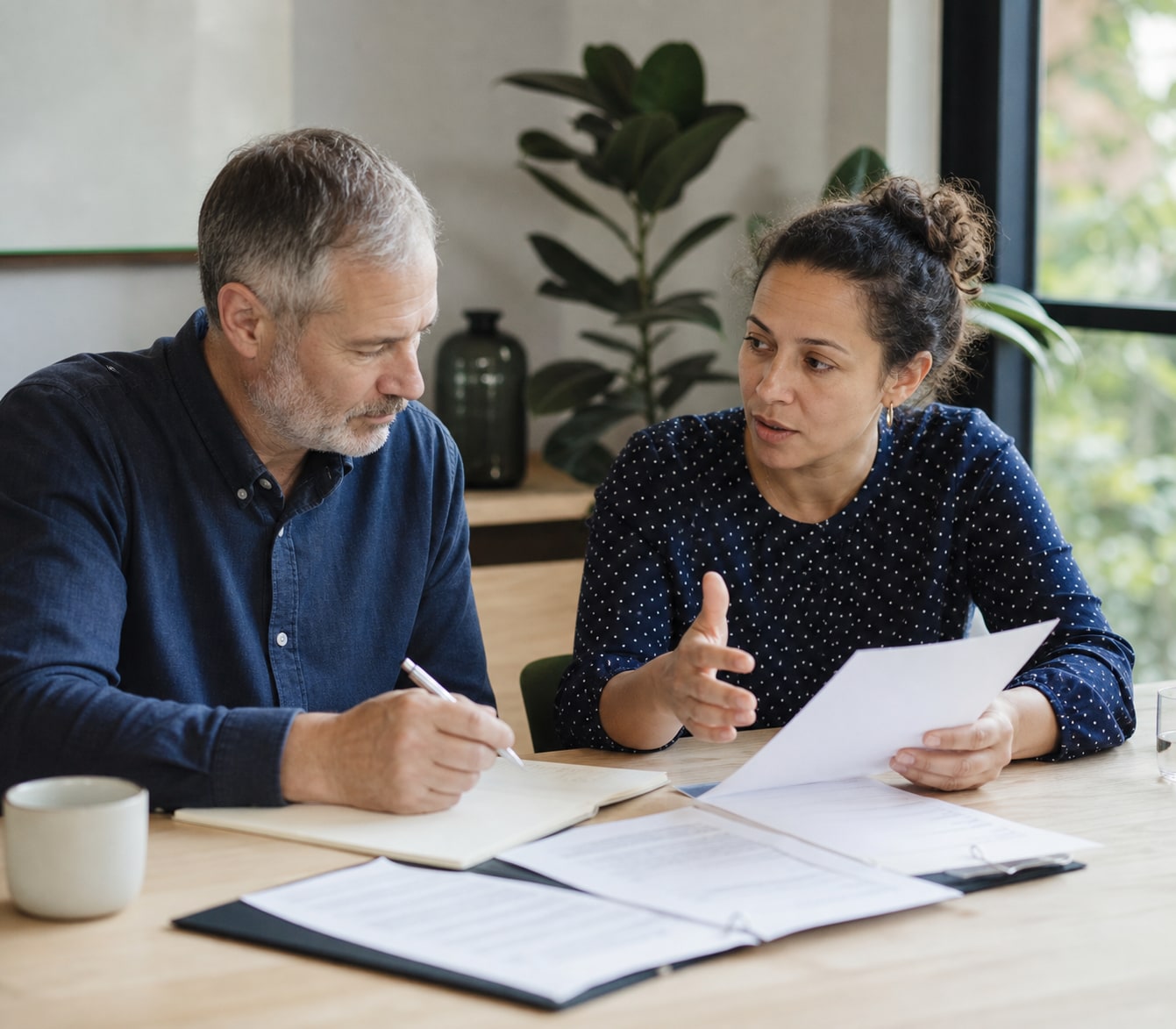 Former manager and applicant reviewing relevant work evidence for a referee discussion.