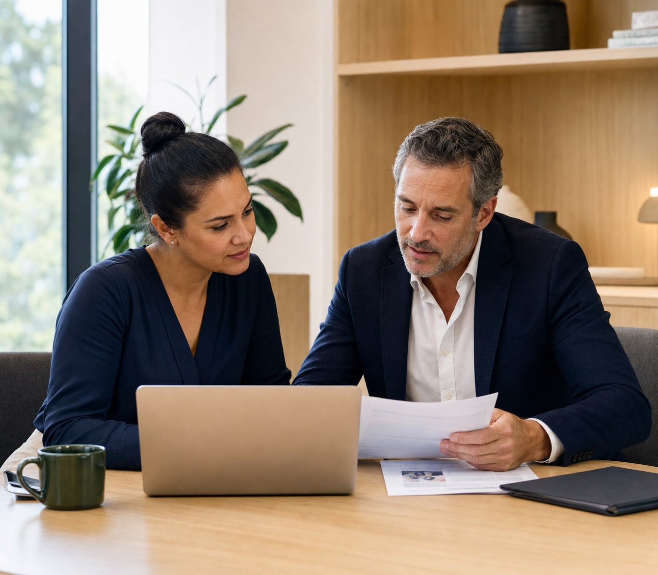 Career adviser and public-sector candidate reviewing a resume in a modern Australian office.