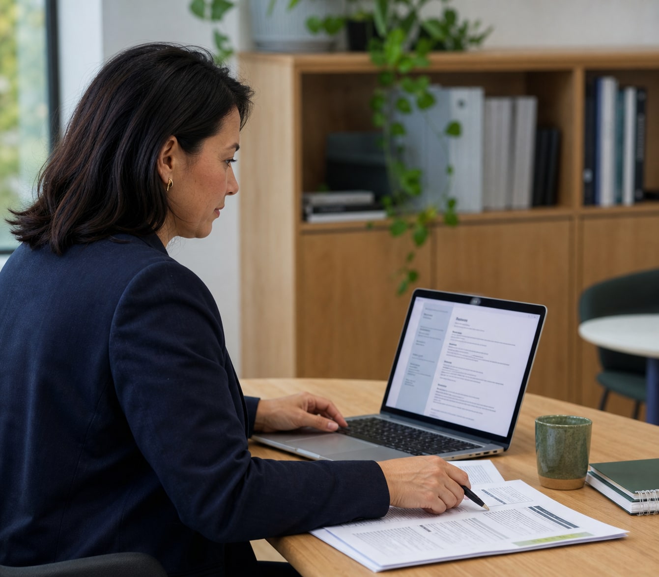 Public-sector professional reviewing a structured resume on a laptop.