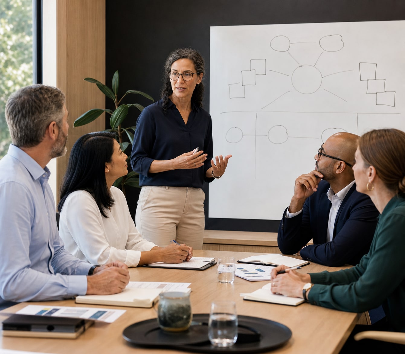 Australian public-sector leader facilitating a team discussion around a leadership framework.