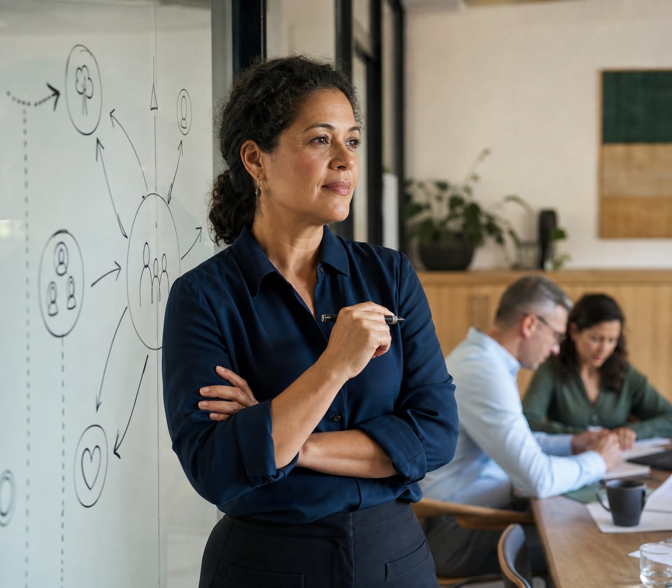 Public-sector leader reflecting beside an abstract leadership framework.