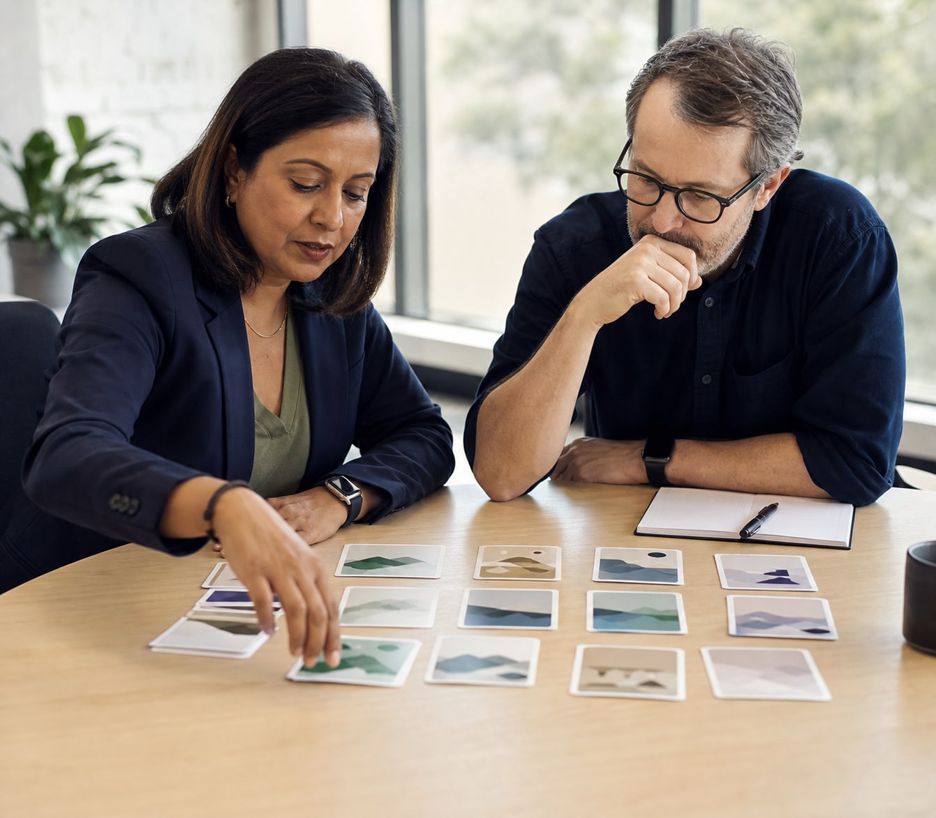 Public-sector professionals mapping leadership evidence across capability cards.