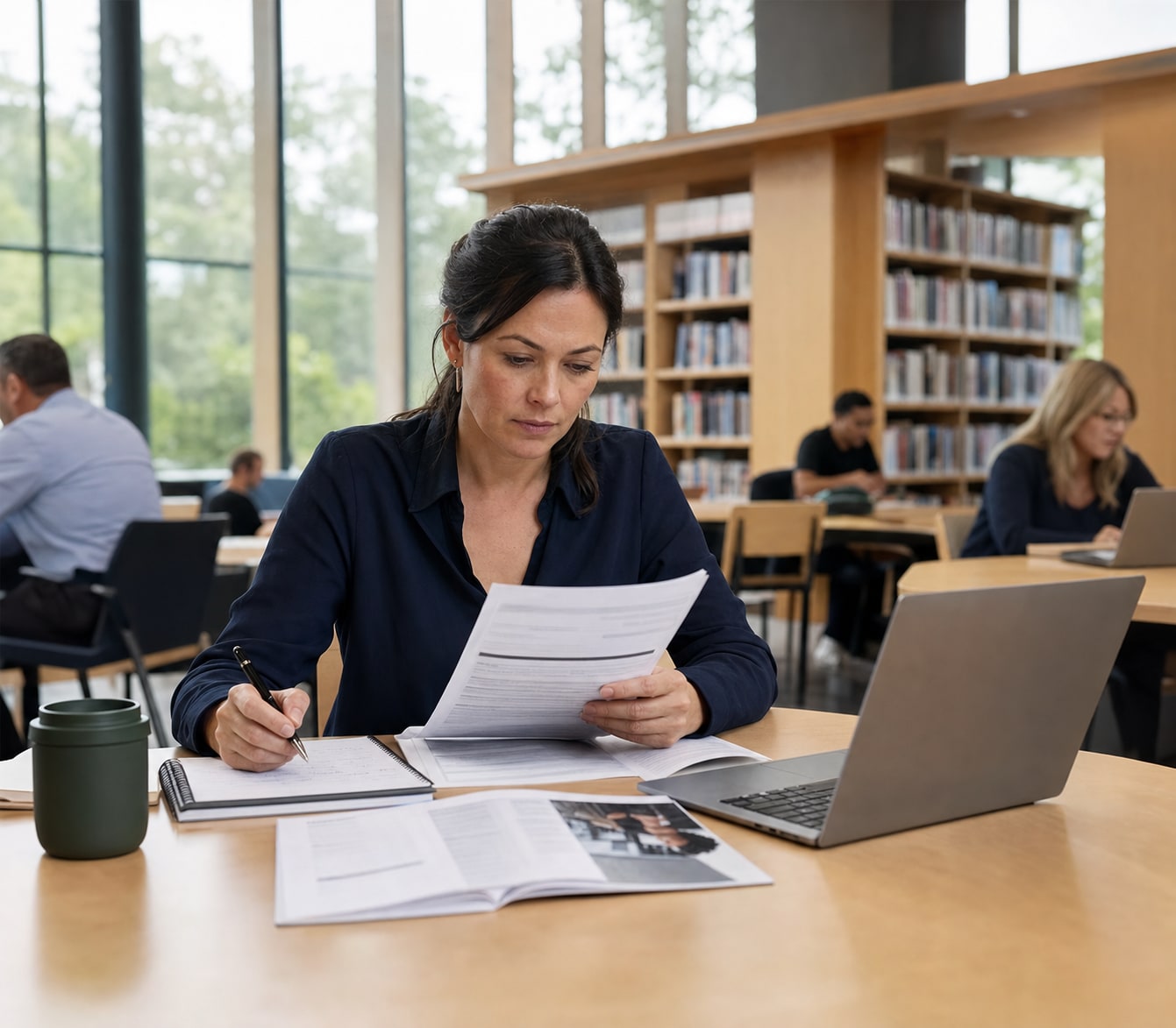 Australian applicant reviewing a public-sector job advertisement and candidate pack in a civic workspace.
