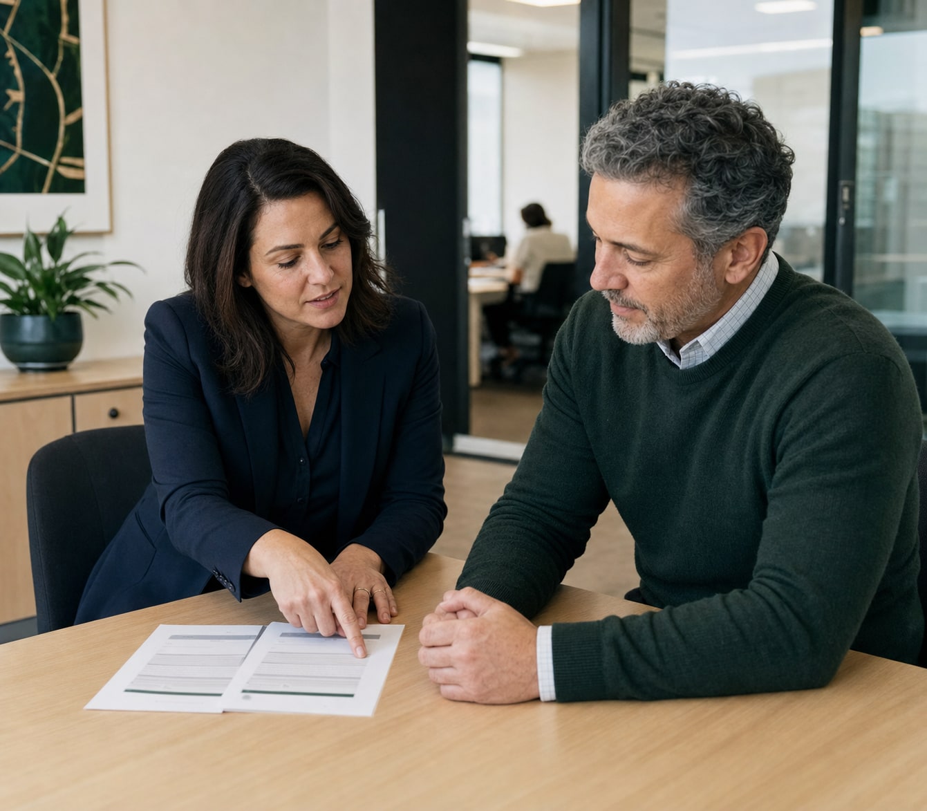 Career adviser and applicant comparing evidence examples for a public-sector application.