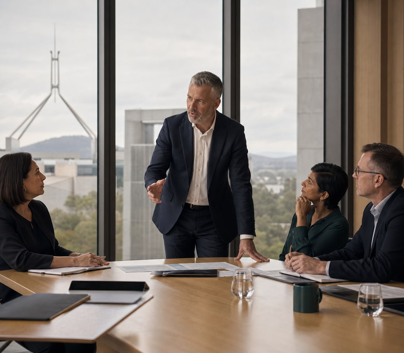 Senior Australian public-sector executive leading a strategic boardroom briefing.