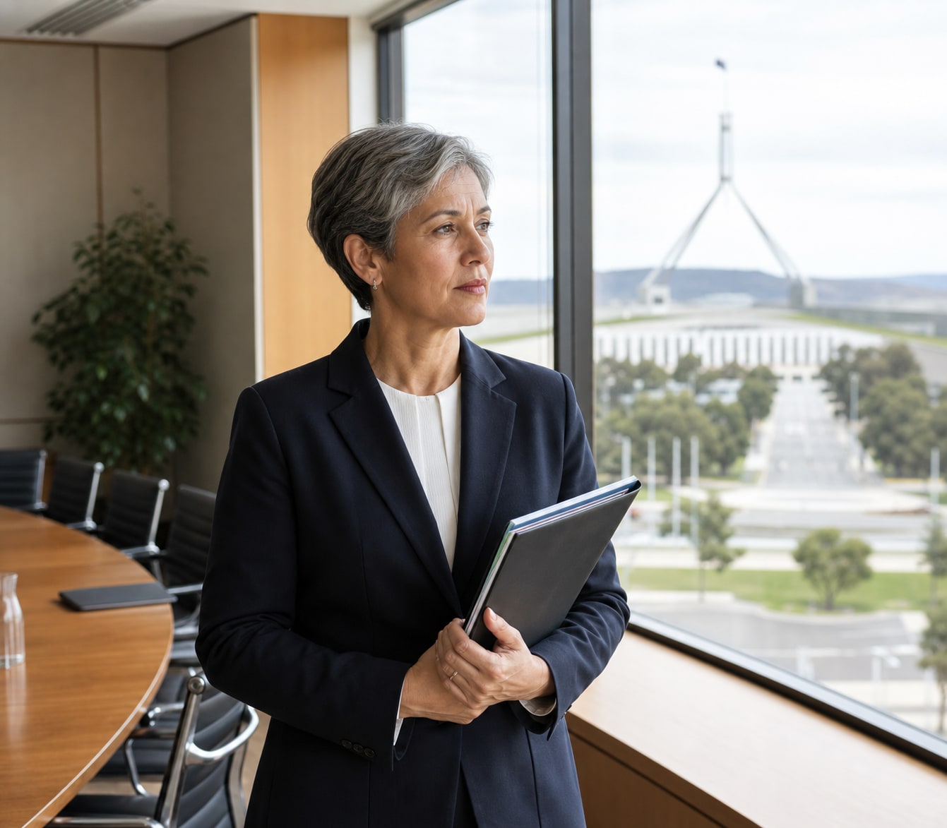Senior public-sector executive considering a strategic brief beside a civic outlook.
