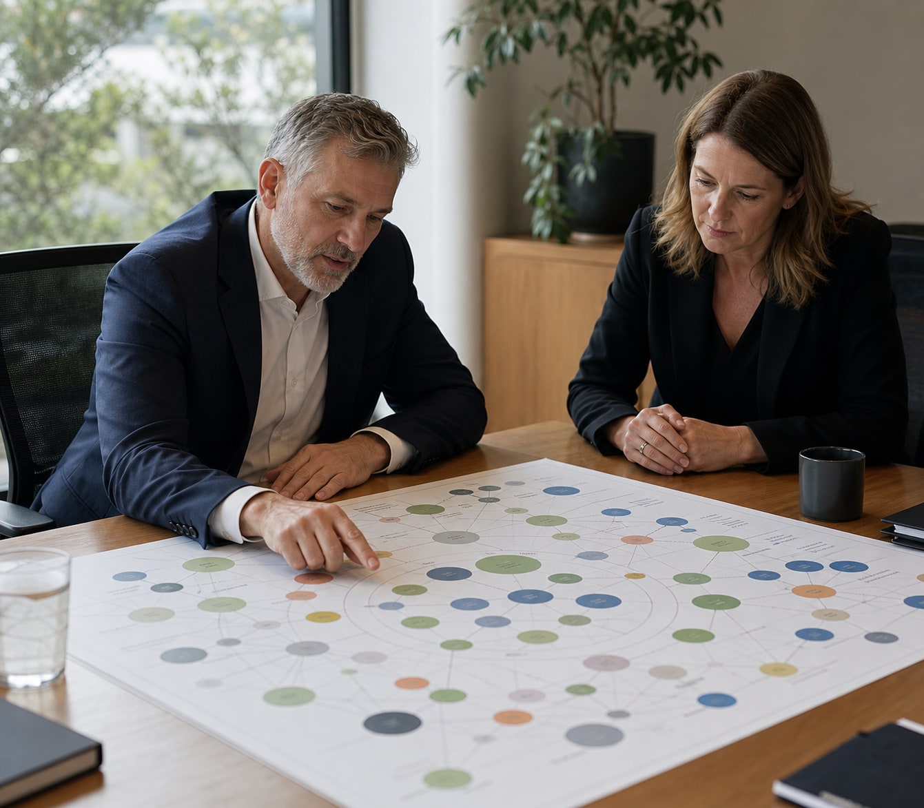 Senior executive and adviser examining a broad organisational impact map.