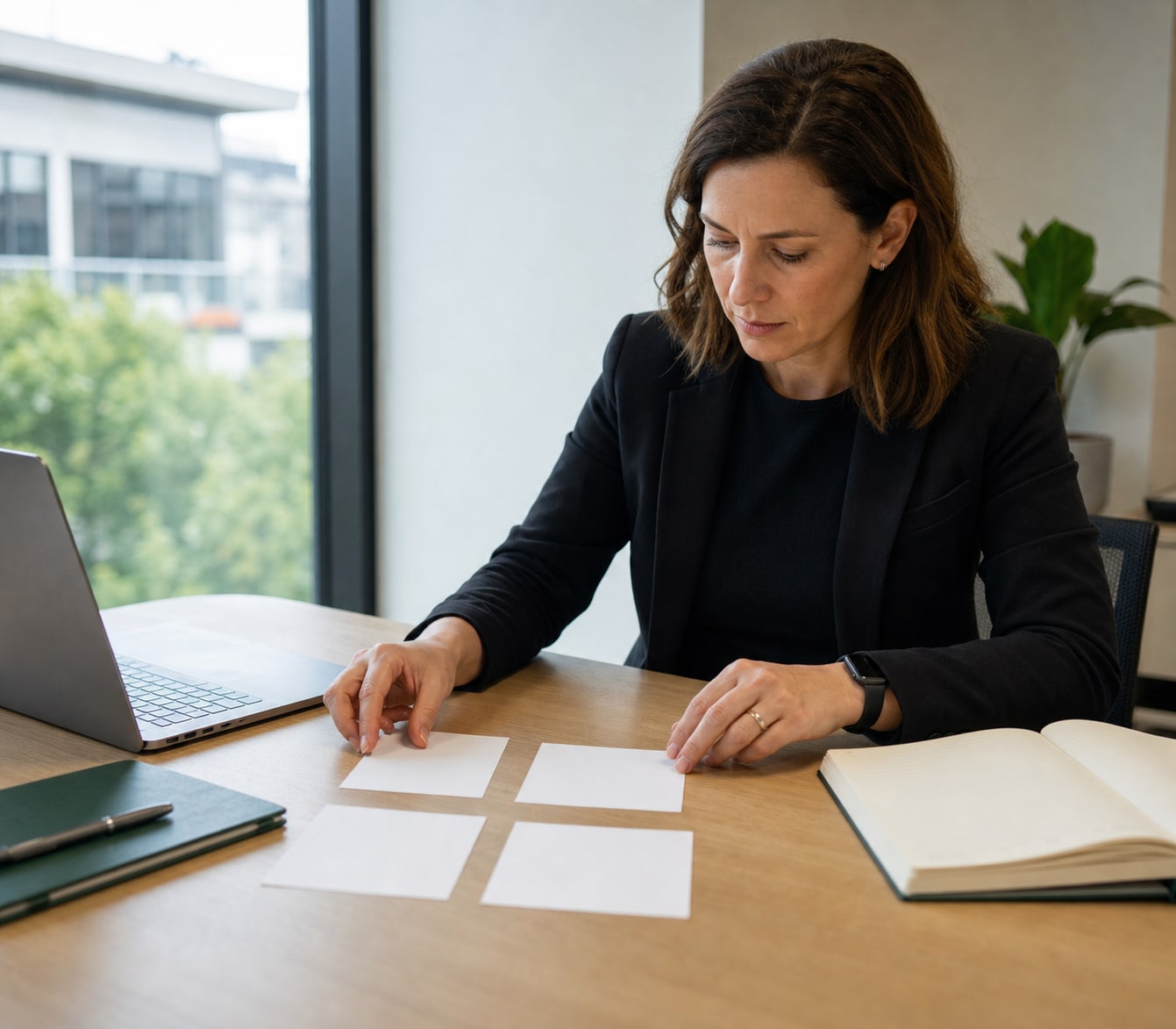 Public-sector professional arranging four note cards beside a role brief, notebook and laptop to map an application example.