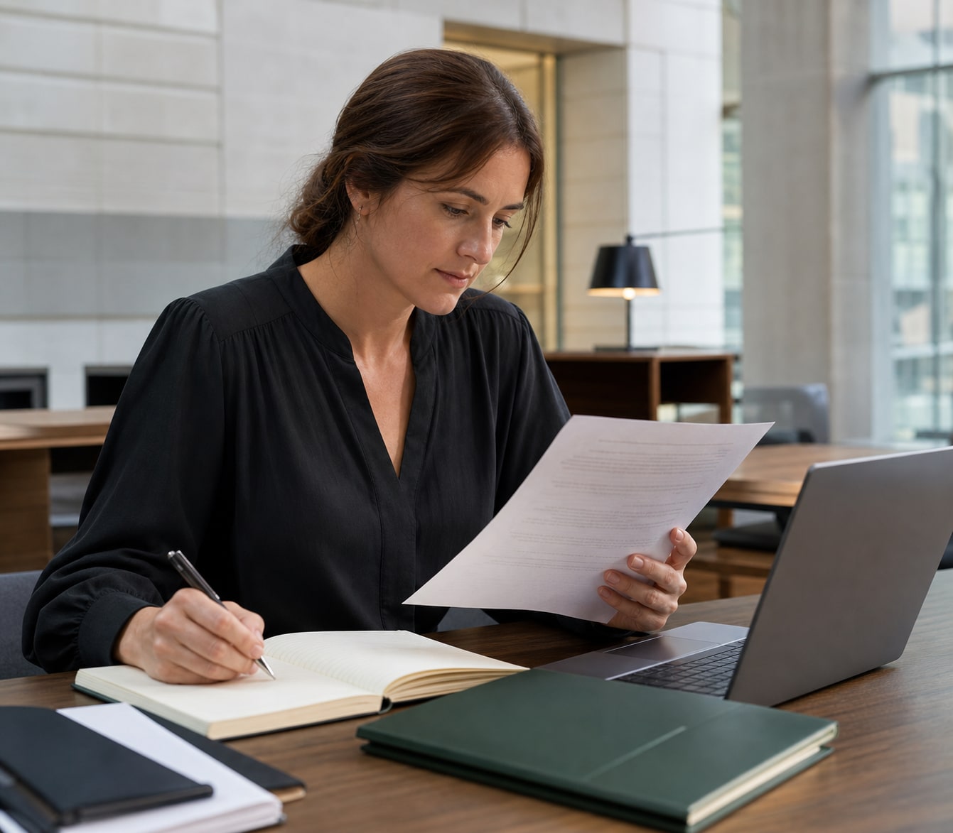 Public-sector professional reviewing a position description and making application notes in a contemporary Australian workplace.
