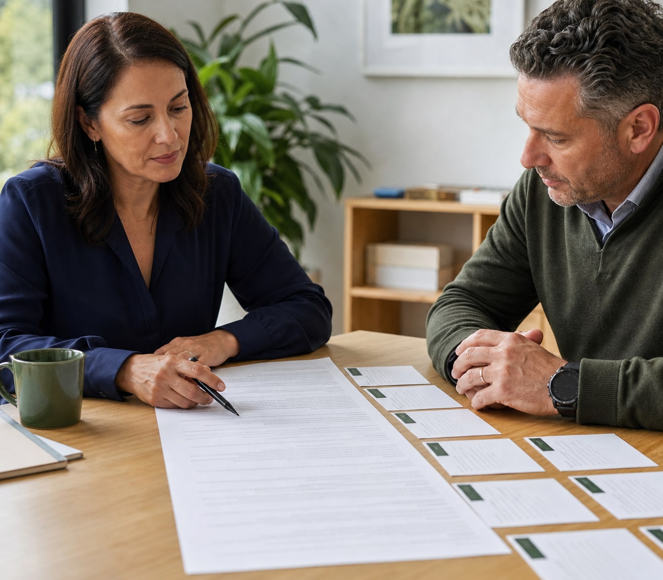 Applicant and adviser checking a statement of claims for complete coverage and coherence.