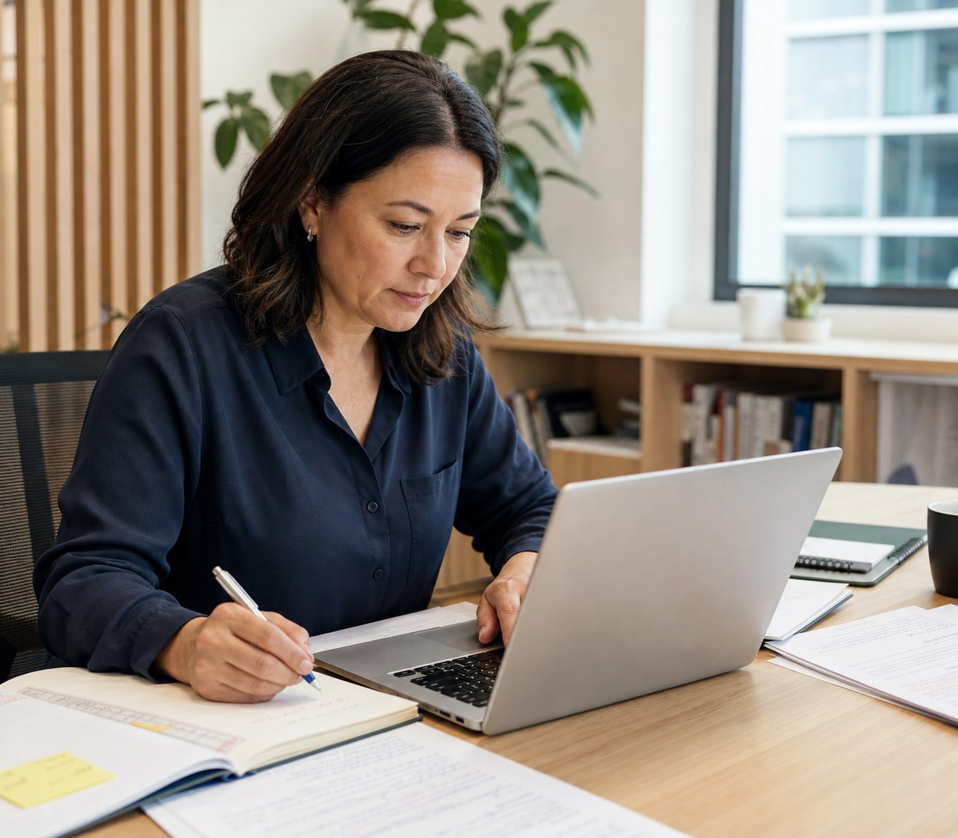 Public-sector applicant drafting and editing a selection criteria response at a laptop.