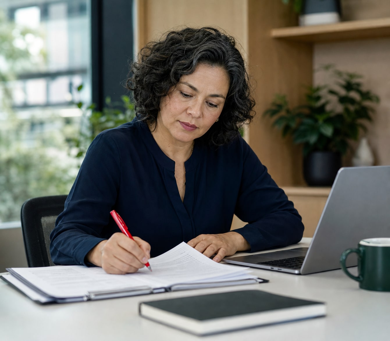 Public-sector professional revising an application response with annotated notes.