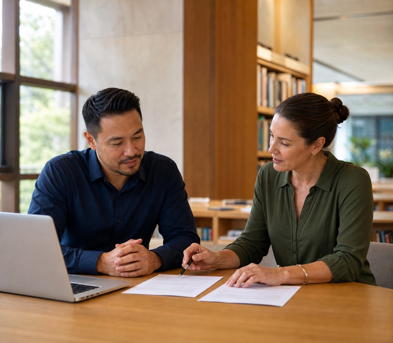 Australian applicant and professional writer reviewing a tailored cover letter draft in a contemporary library.