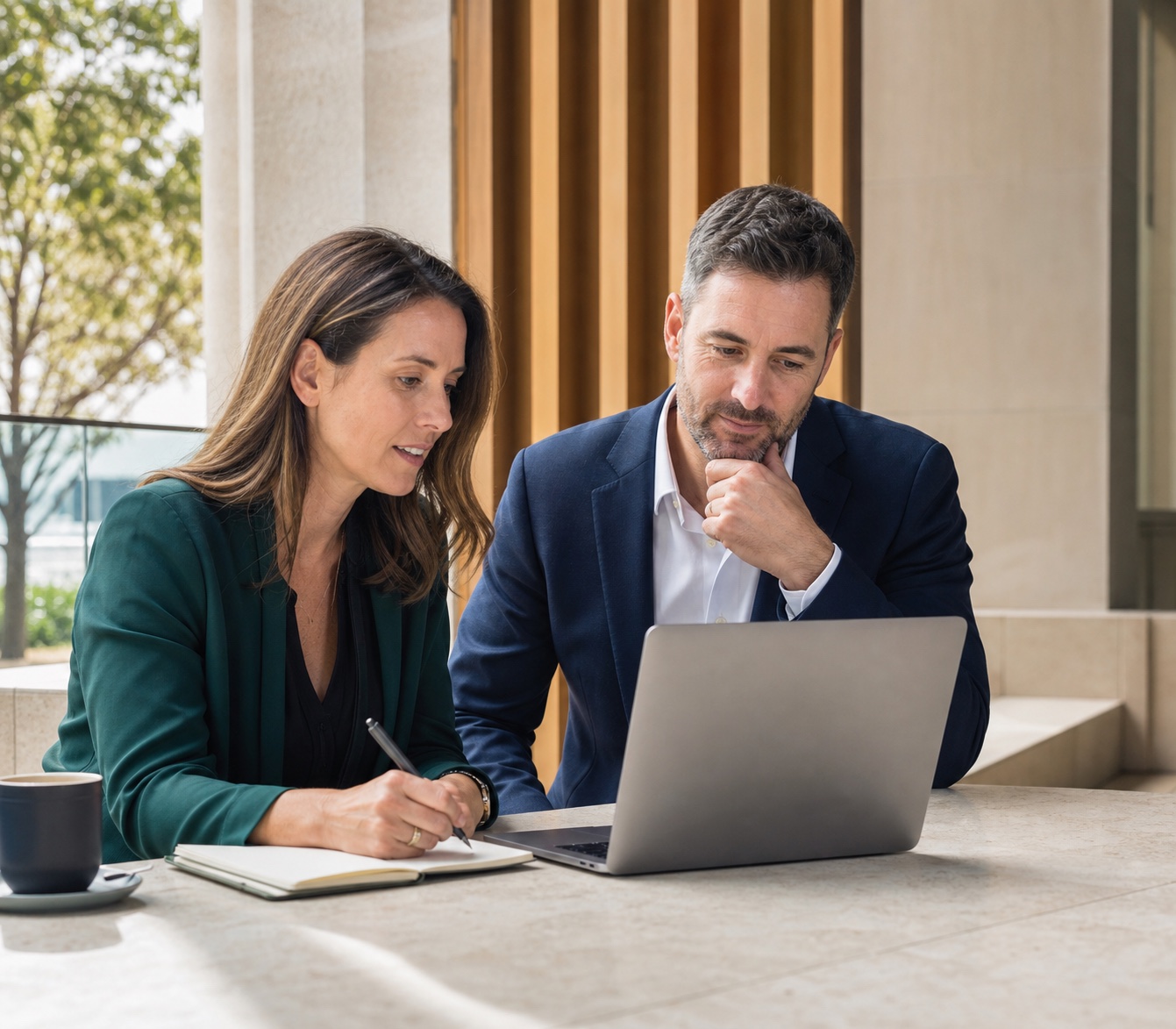 Professional writer and client refining a tailored cover letter draft on a laptop.