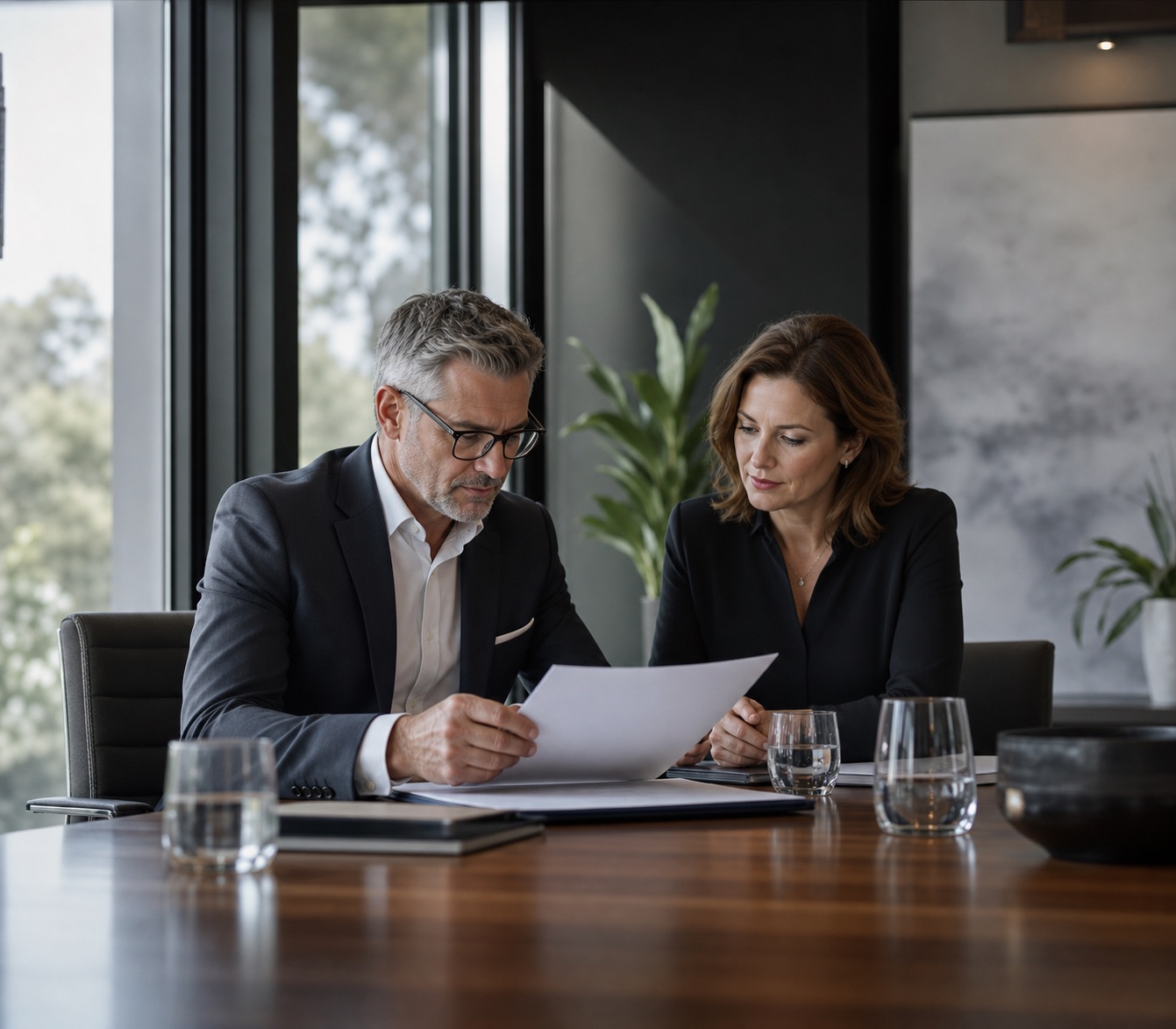 Senior executive reviewing an appointment brief with a career adviser in a private boardroom.