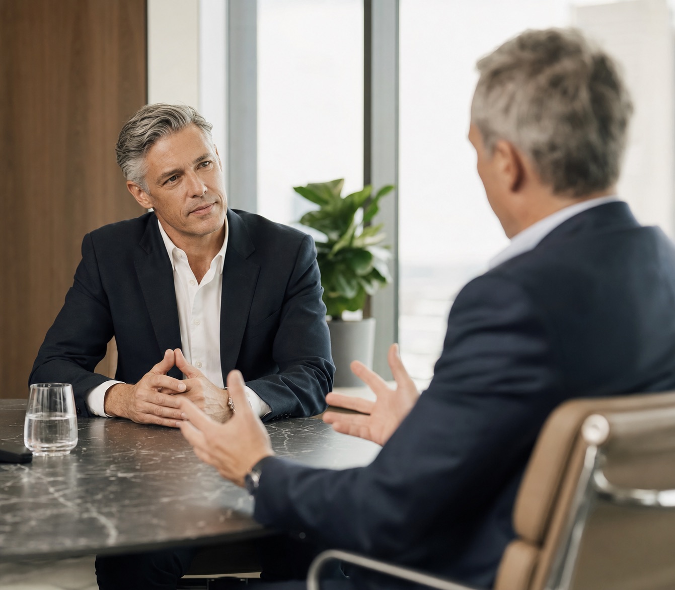 Senior executive in a confidential career advisory conversation.