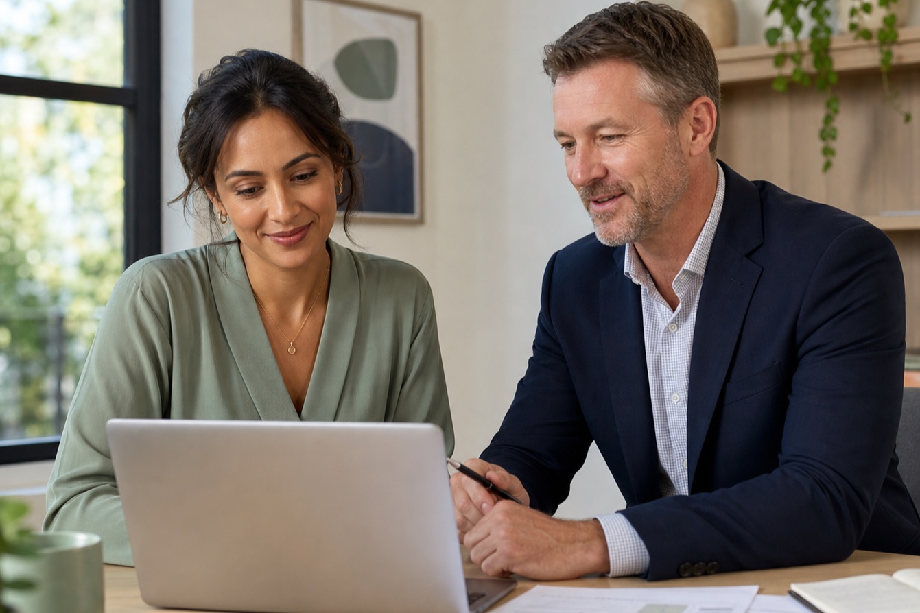 Australian professional and adviser reviewing an APS application together with constructive, encouraging expressions.
