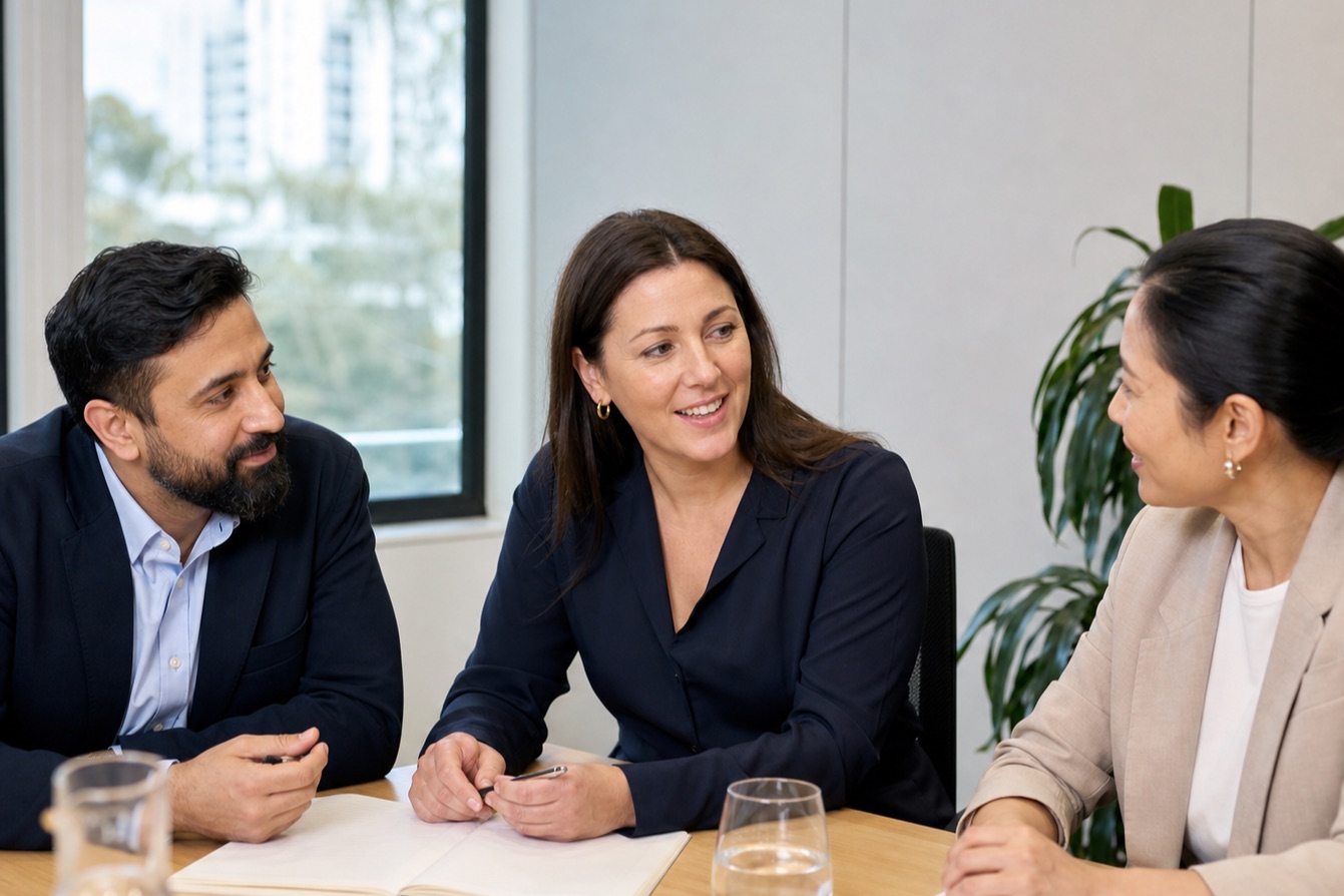 EL-level public-sector leader discussing a briefing with two colleagues in a contemporary Australian workplace.