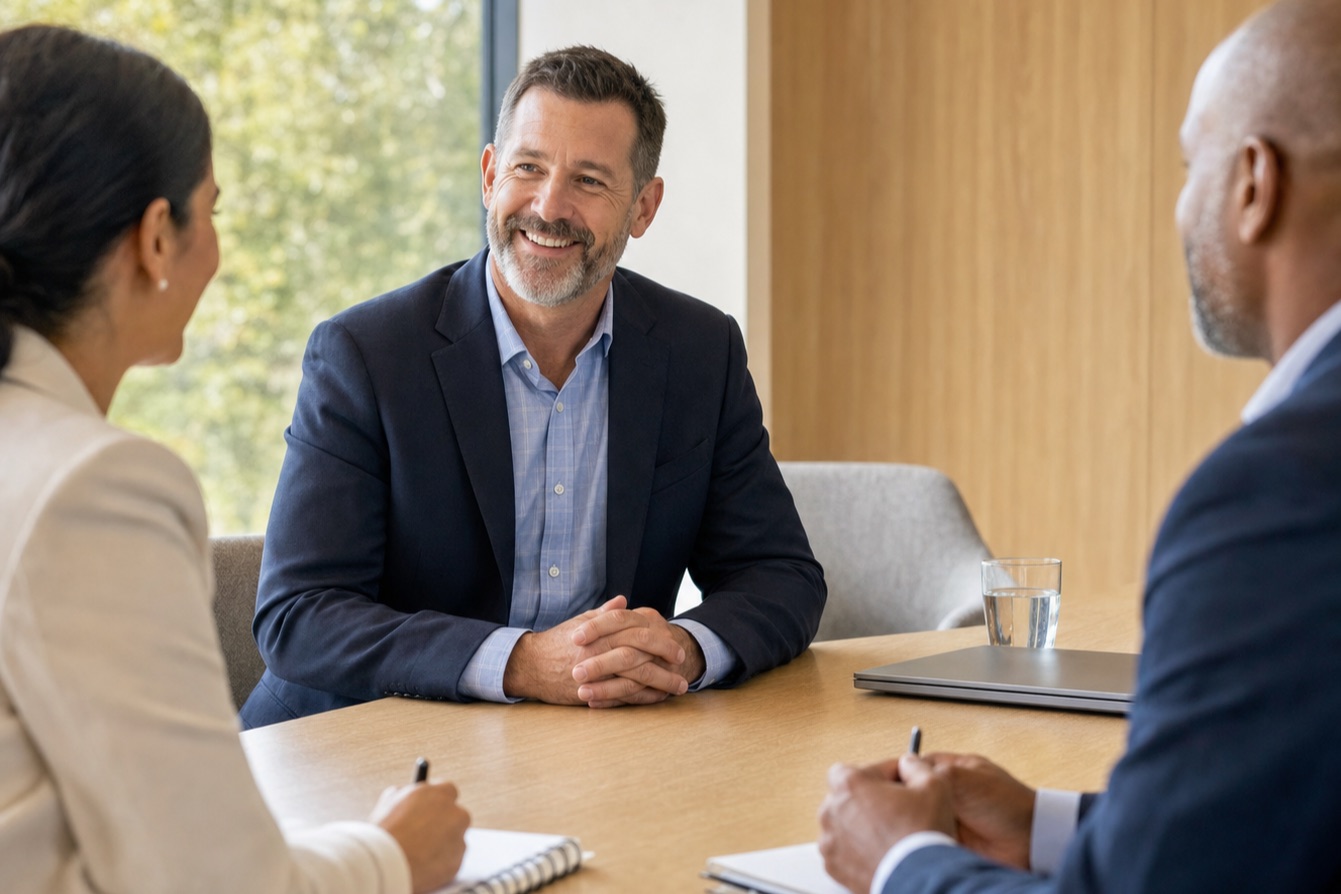 Public-sector candidate receiving encouraging feedback from two advisers during a mock panel interview.