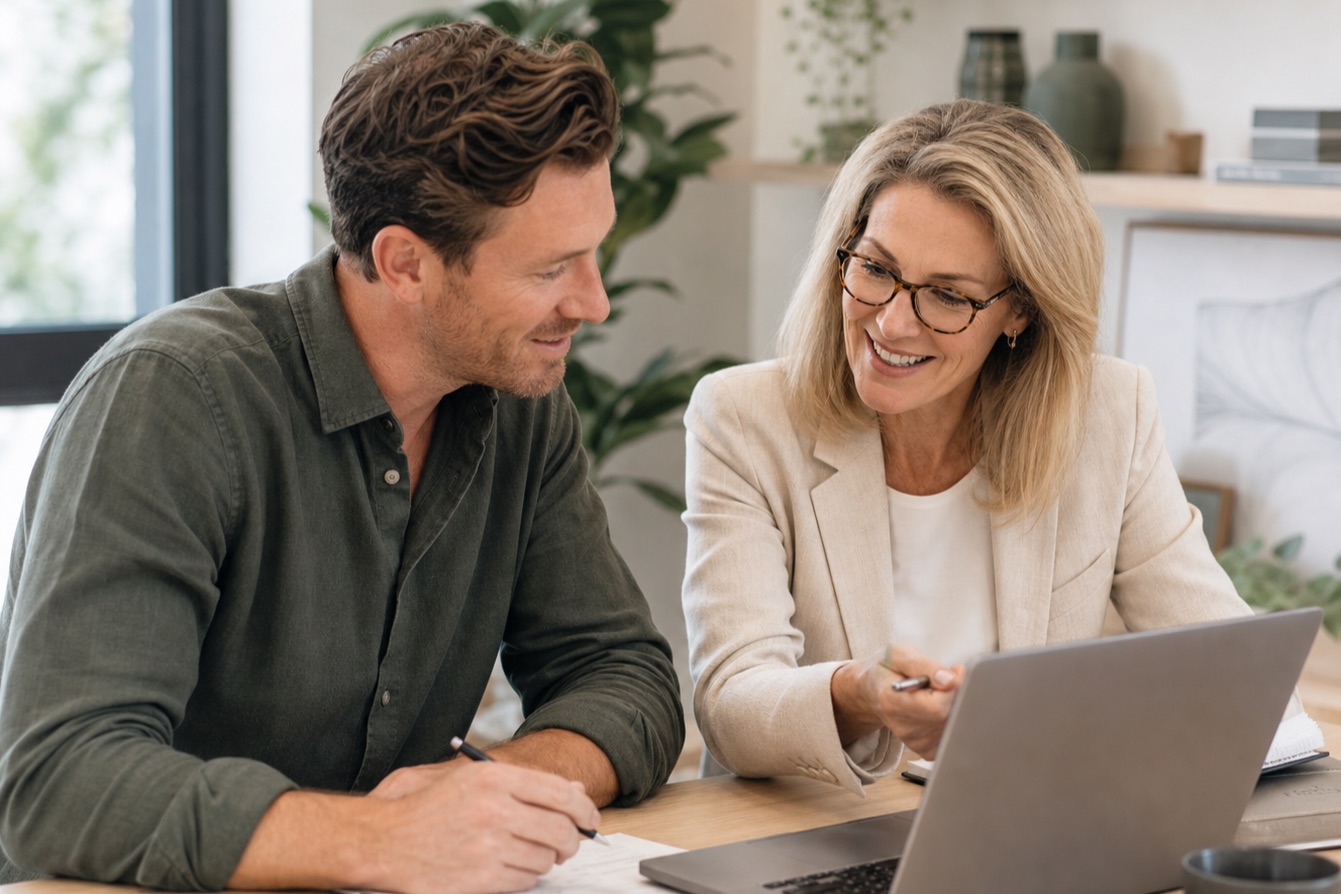 Australian professional and career adviser reviewing a public-sector role brief together.