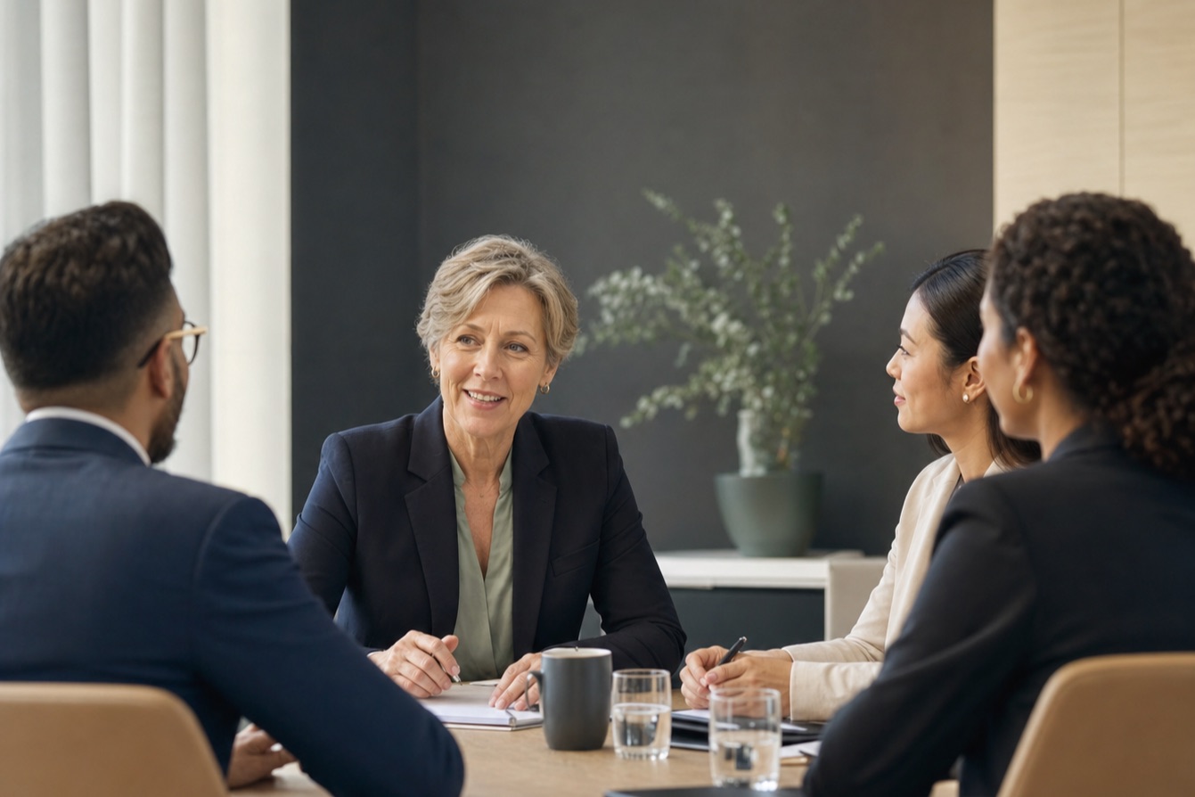 Senior public-sector leader facilitating a strategic discussion with a diverse leadership group.