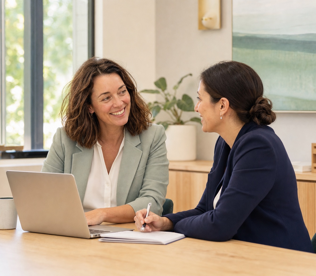 Australian professional discussing a public sector application with an adviser.