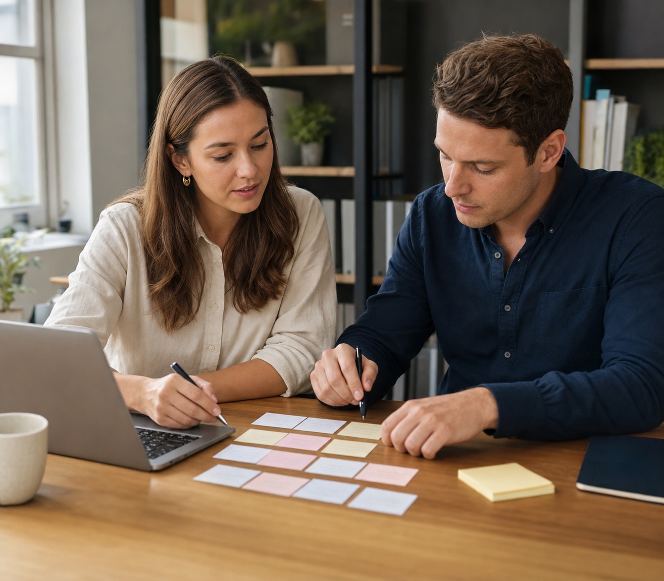 Candidate and adviser mapping strong interview examples using evidence cards and a laptop.