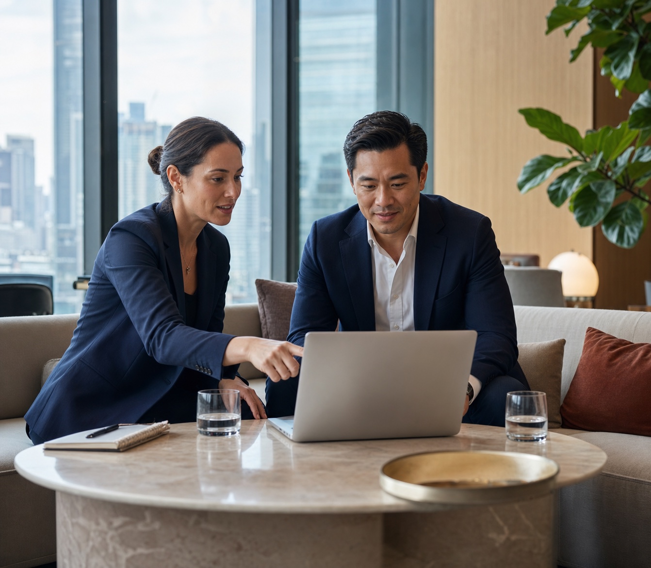 Australian professional and adviser developing a LinkedIn profile strategy in a contemporary high-rise workplace.