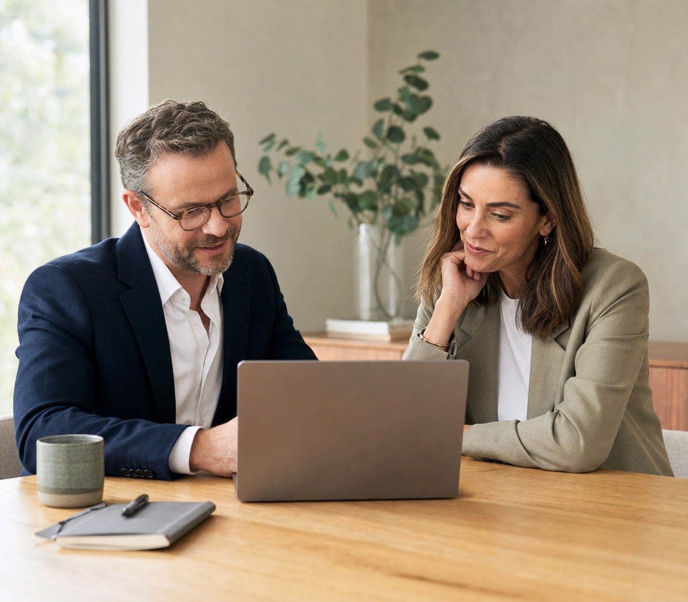 Australian professional and adviser refining personal-brand presentation on a laptop.