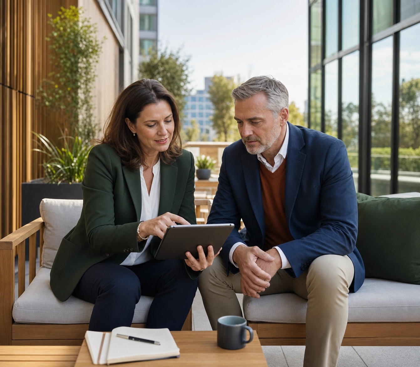 Australian professional and adviser reviewing online profile positioning on a tablet.