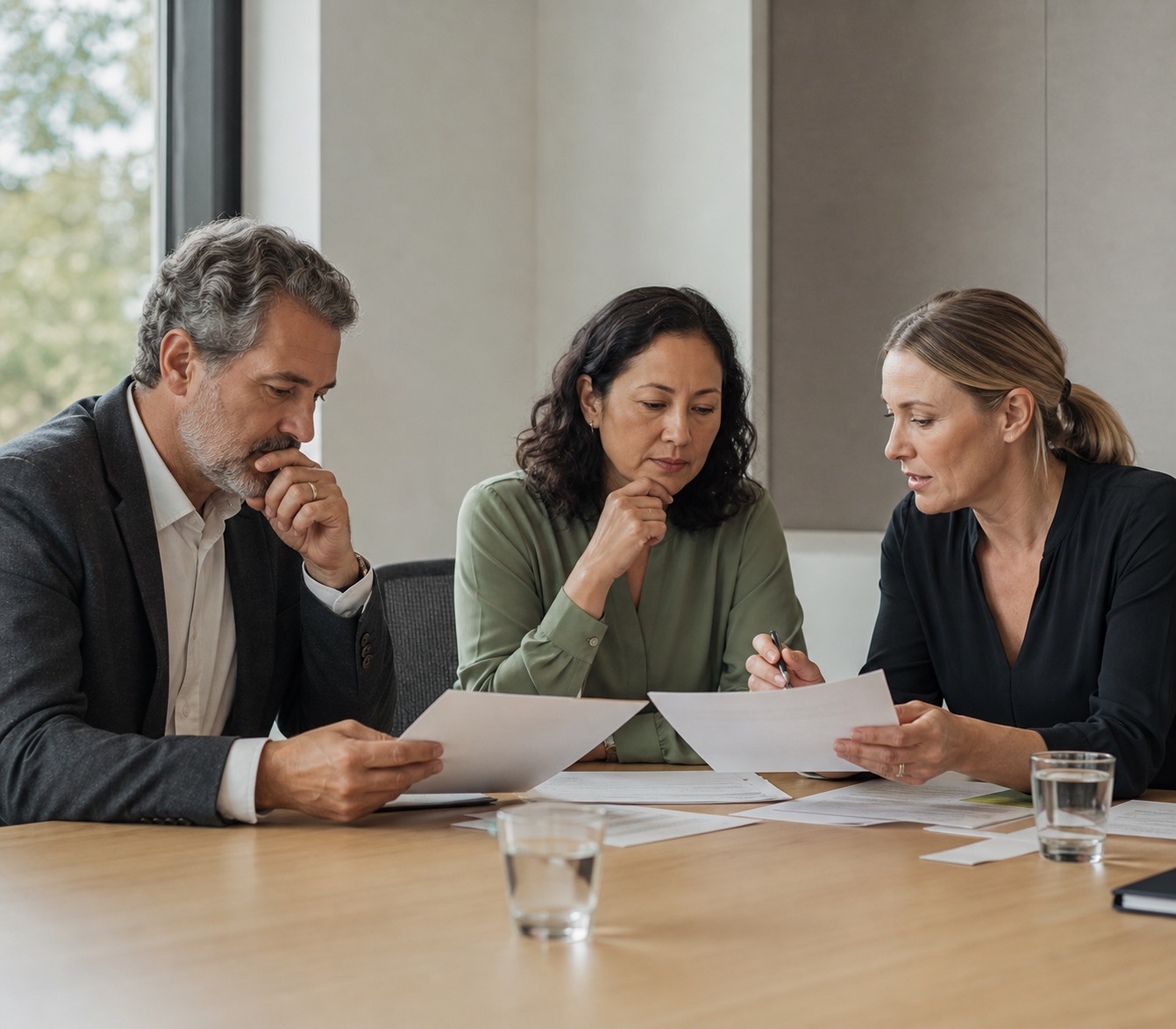 Selection panel reviewing candidate evidence together in a contemporary meeting room.