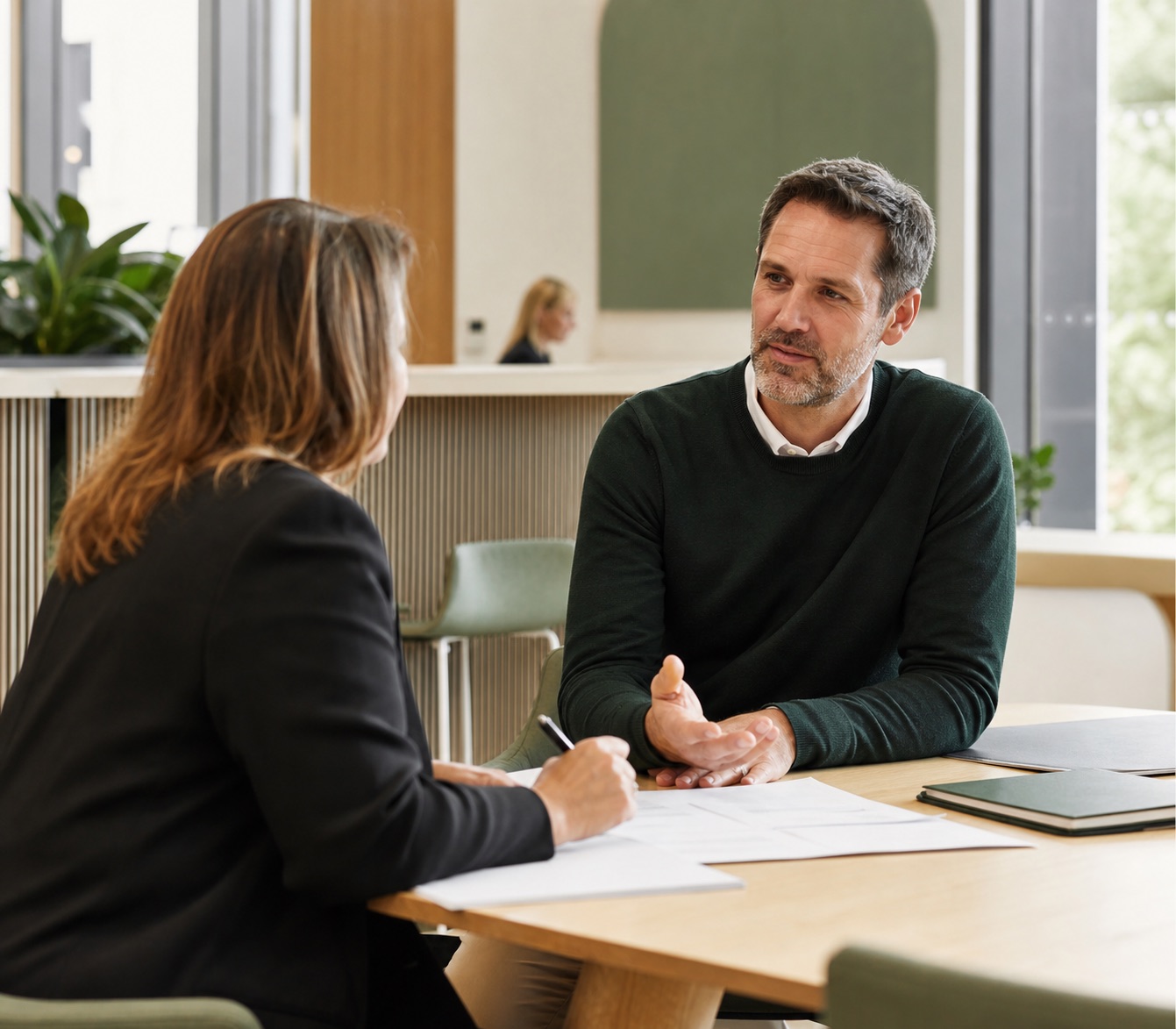 Public-sector professional discussing a role brief with a career adviser in a bright Australian workplace.