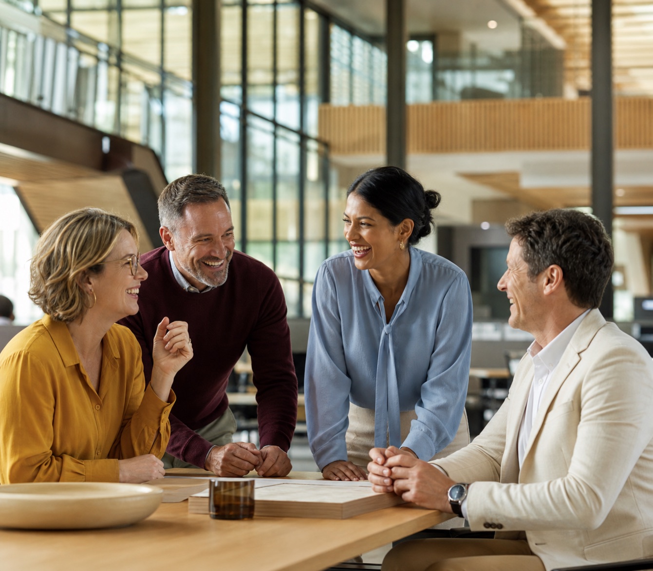 Australian professionals collaborating in a bright public-purpose workplace.