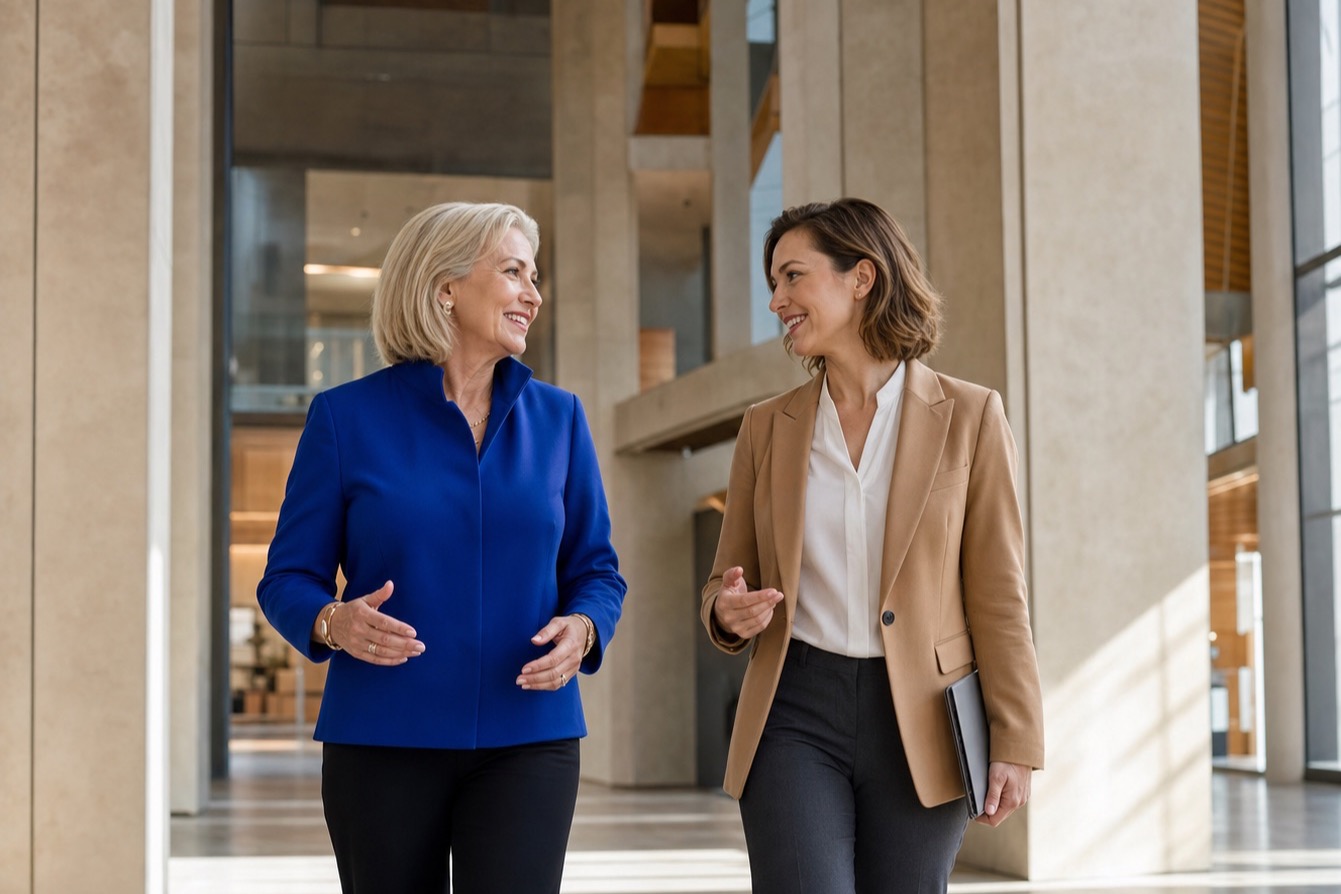 Senior Australian executive meeting with an adviser in a contemporary civic lobby.