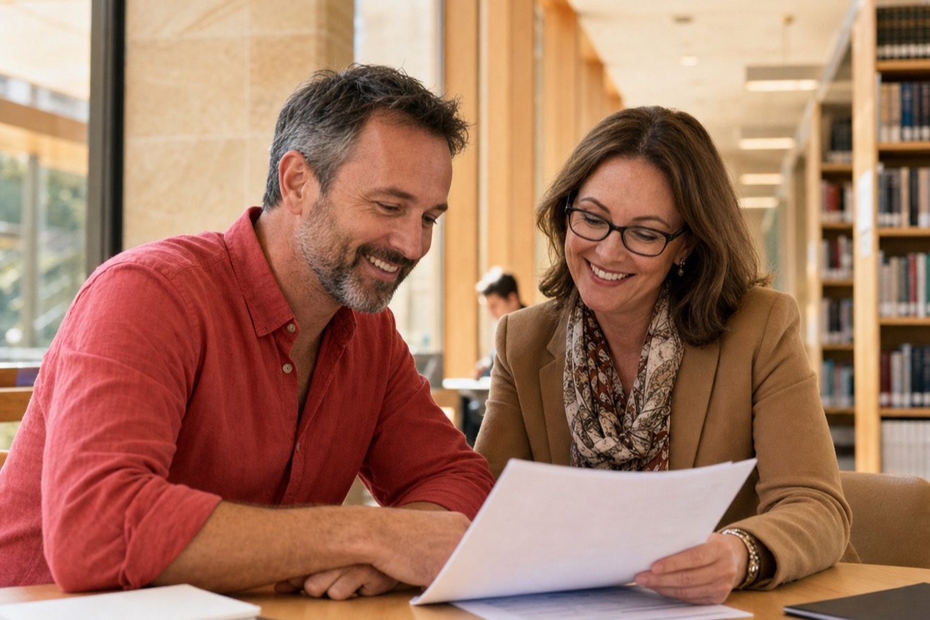 Australian professional reviewing career documents with an adviser in a civic library.