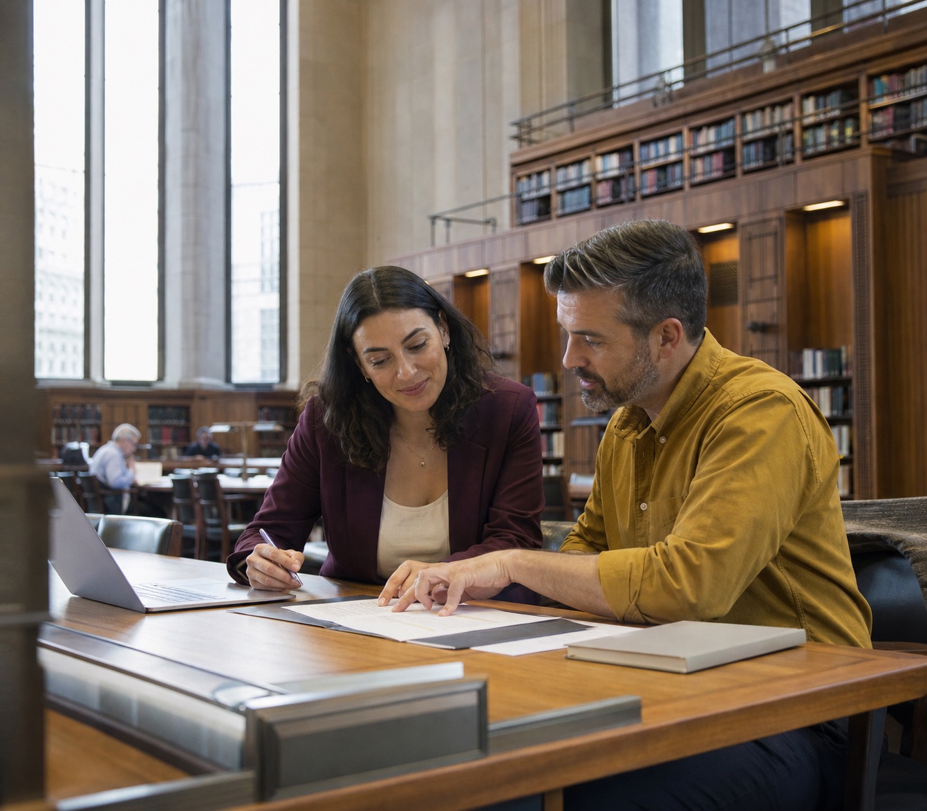 Australian professional refining an APS application with an adviser in a civic library.